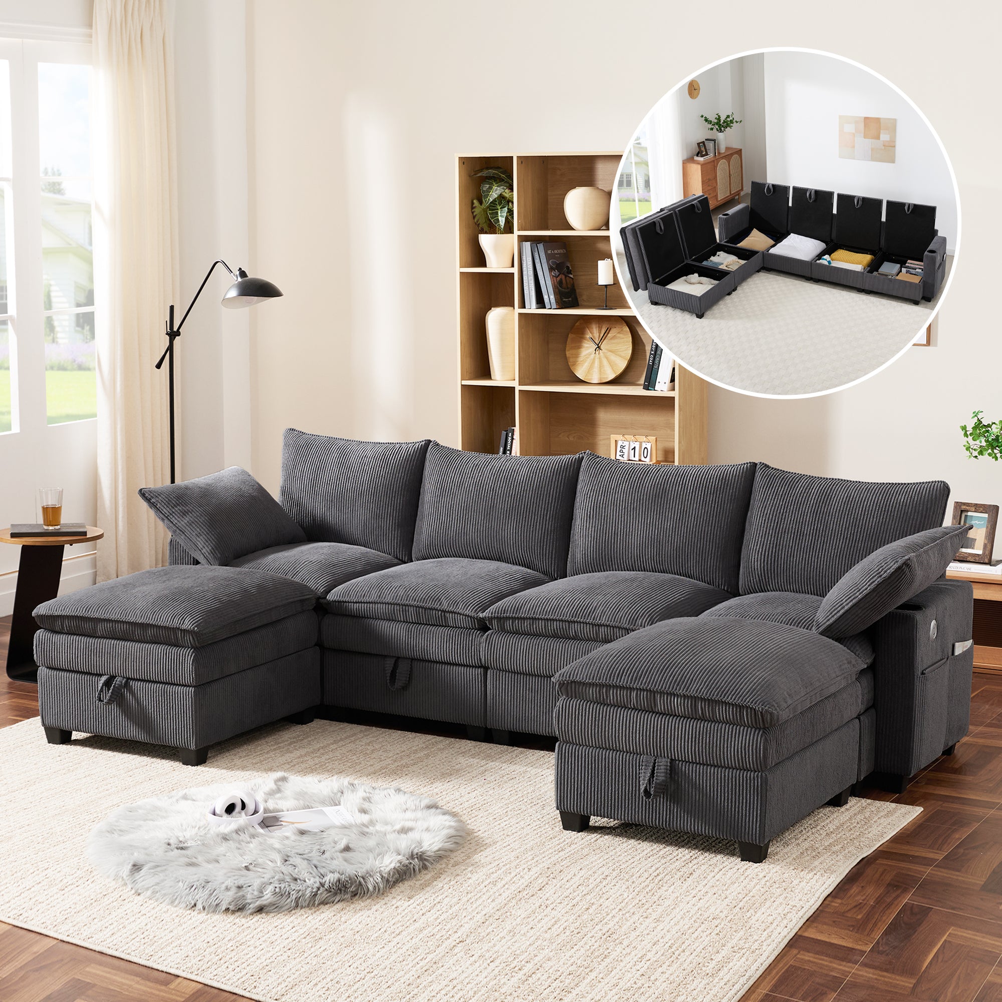 Modern L-shaped Sofa Modular Storage USB Footstool Gray Corduroy