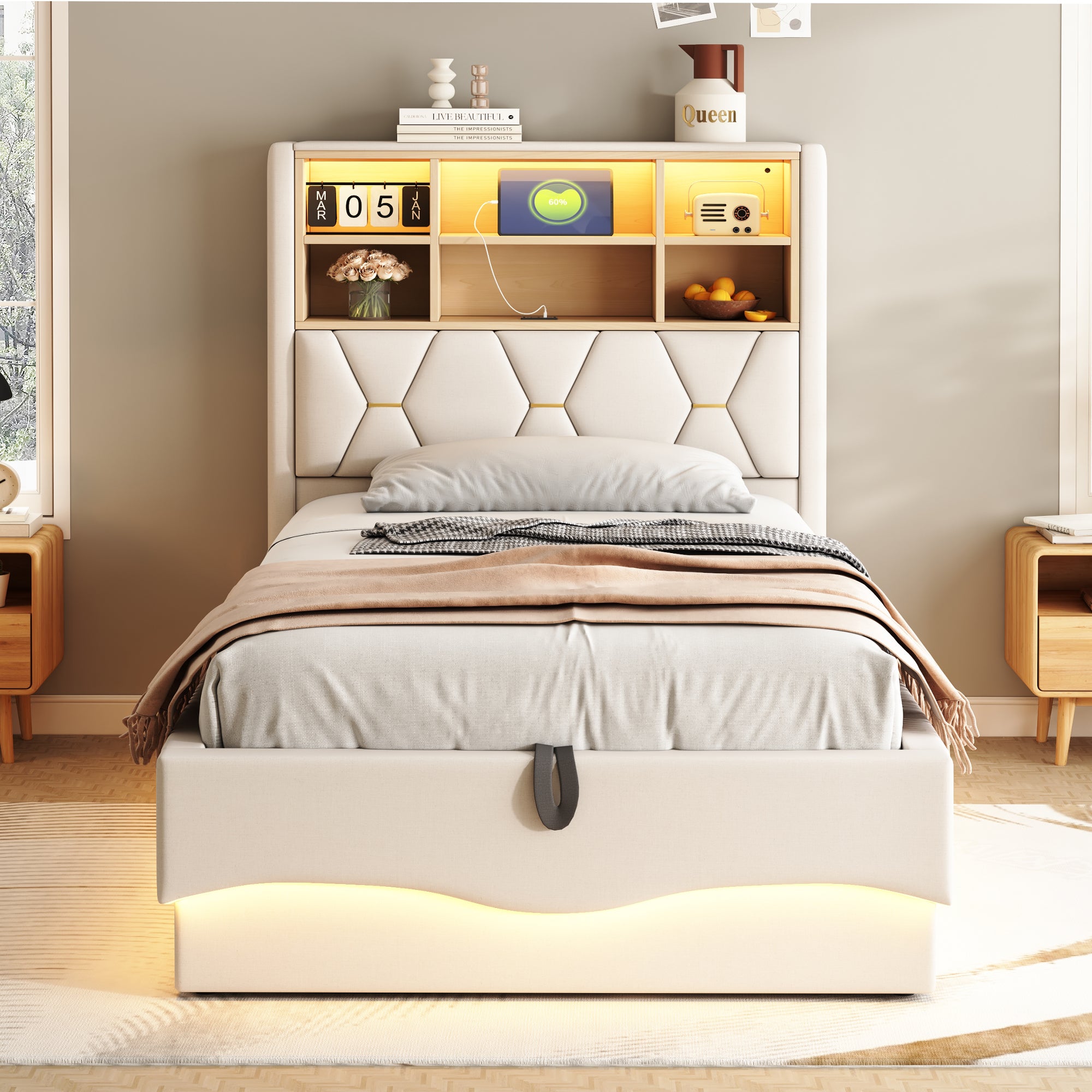 Children's Bed 90×200cm Hydraulic Storage LED USB Port, Linen Beige