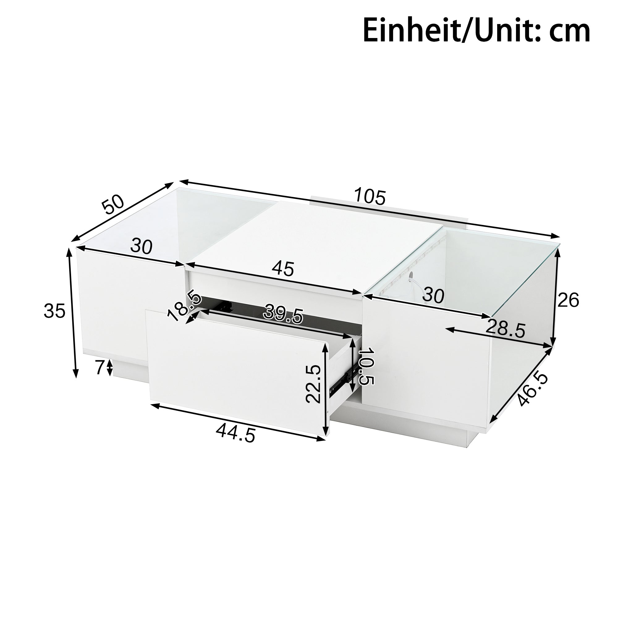 Coffee Table Modern Minimalist 105cm, Storage, LED, Glass Top, 2 Drawers