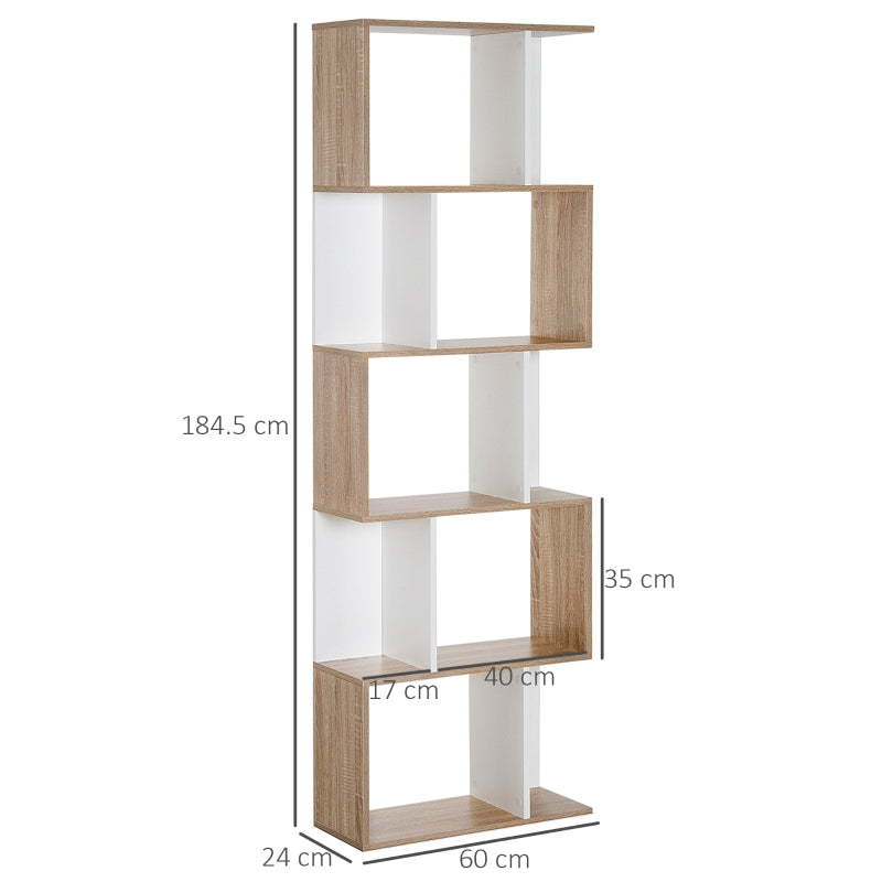 Bookcase S-Shaped 5/6 Tiers Freestanding Wooden Storage Shelf, Oak and White