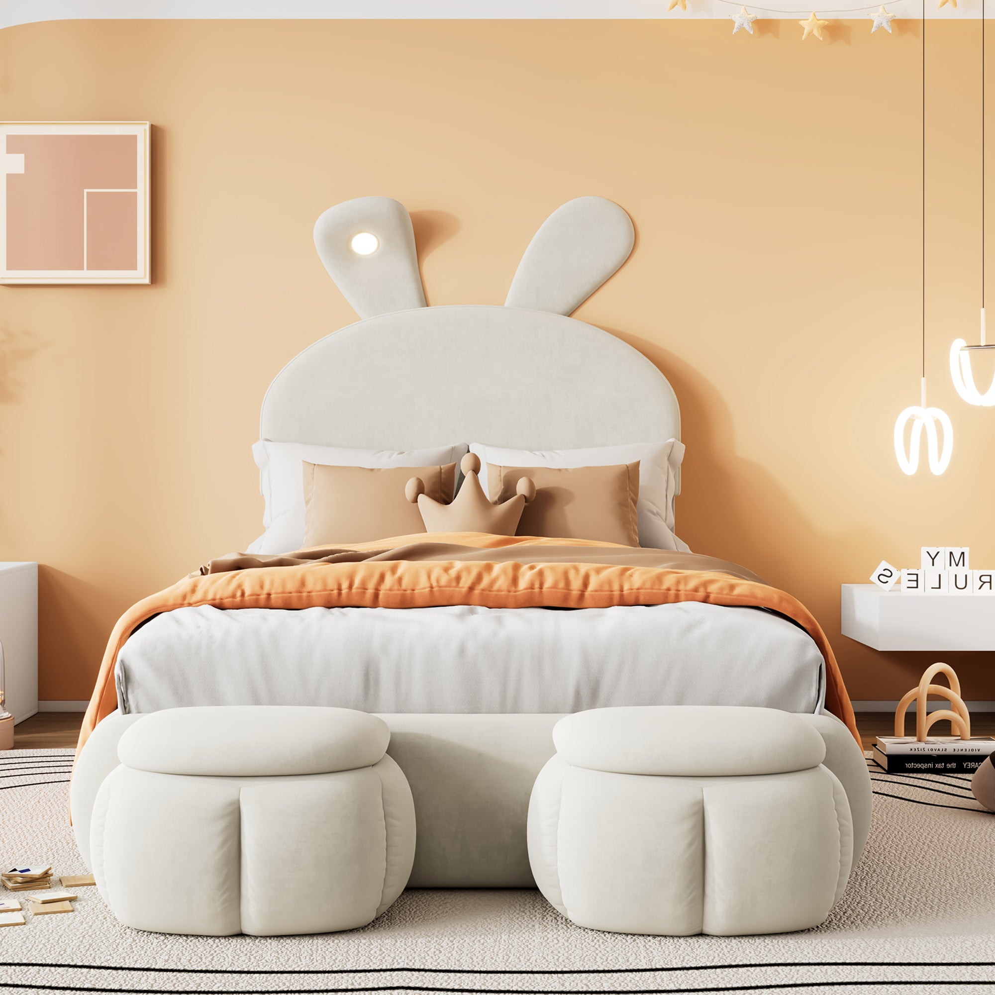 Upholstered Single Bed, Bunny Ears LED Light Storage Stools, Velvet Beige, 90x200cm