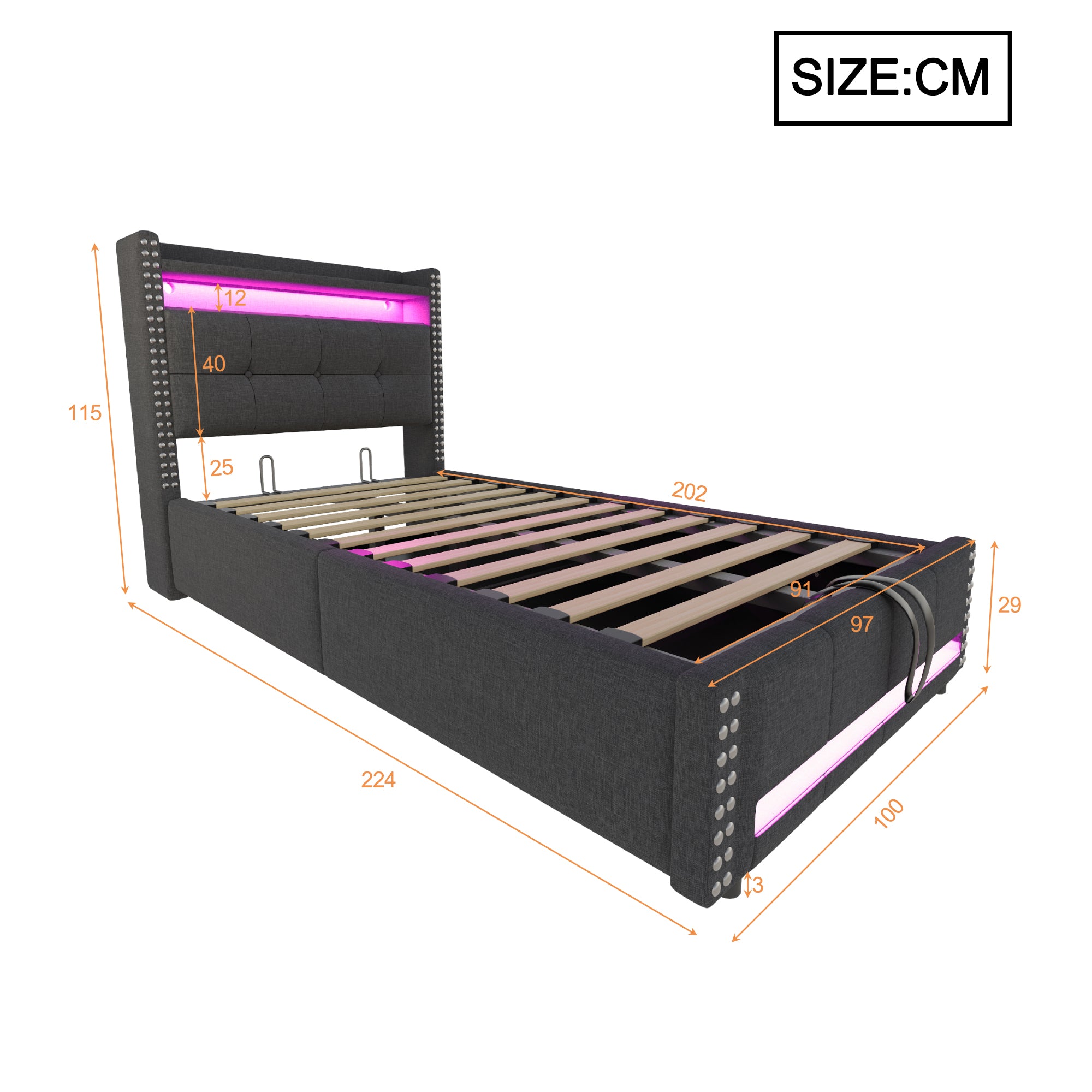 Linen Upholstered Single Bed with Storage, LED Lights & USB Charging