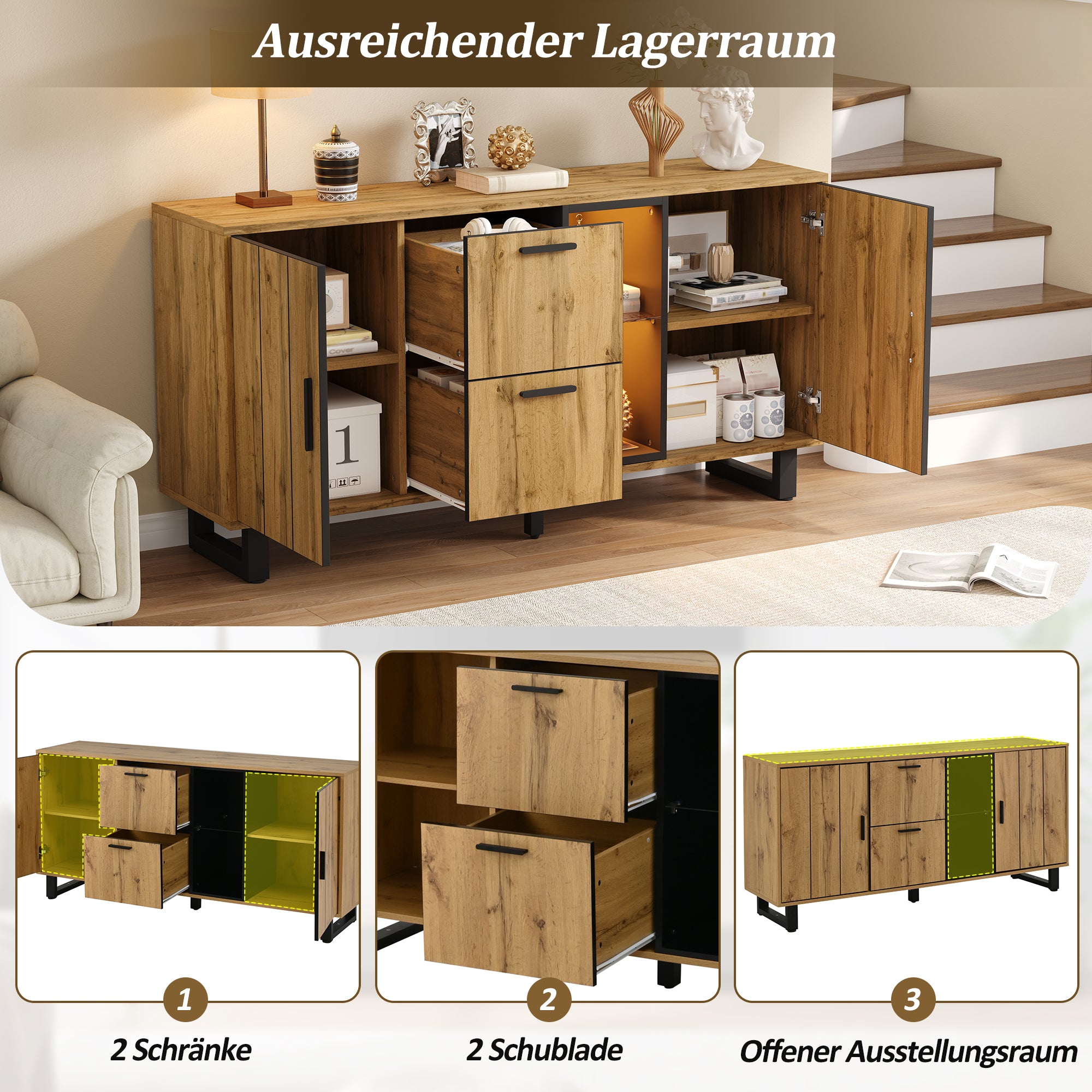 Sideboard 160cm Wide with 2 Drawers LED Light Strip Natural Wood/Black