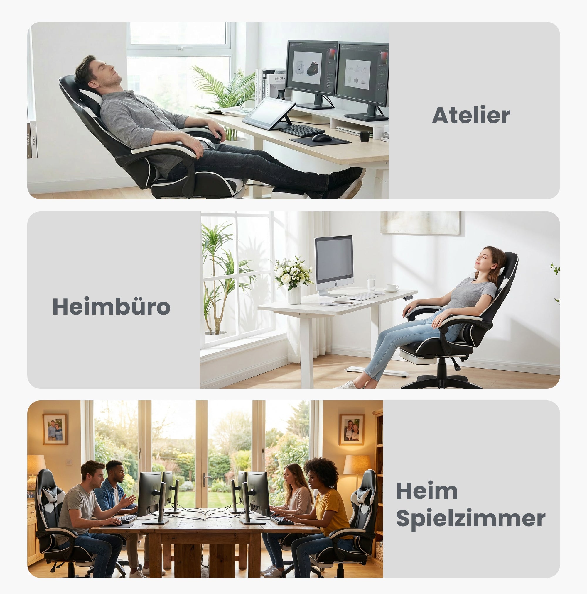 Gaming Chair 360° Swivel Ergonomic Racing High-Back Adjustable Footrest Headrest Lumbar Support - Black & White Leather