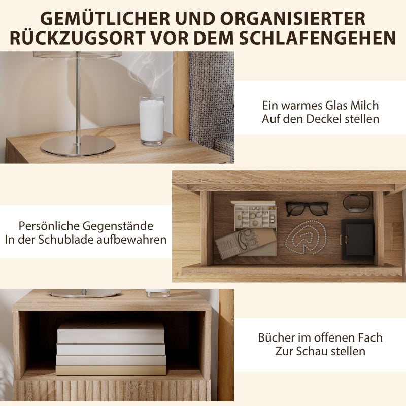 Nightstand, Handleless Wall-Mounted with Drawer & Open Compartment, Light Brown