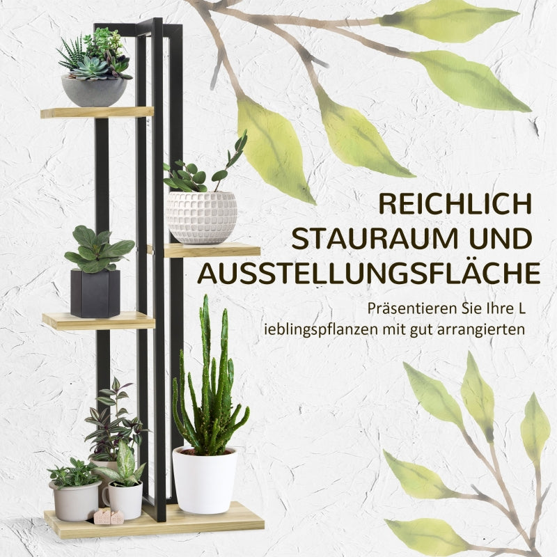 4-Tier Plant Stand, Adjustable 110cm High, Indoor Outdoor, Wood Black+Natural Wood