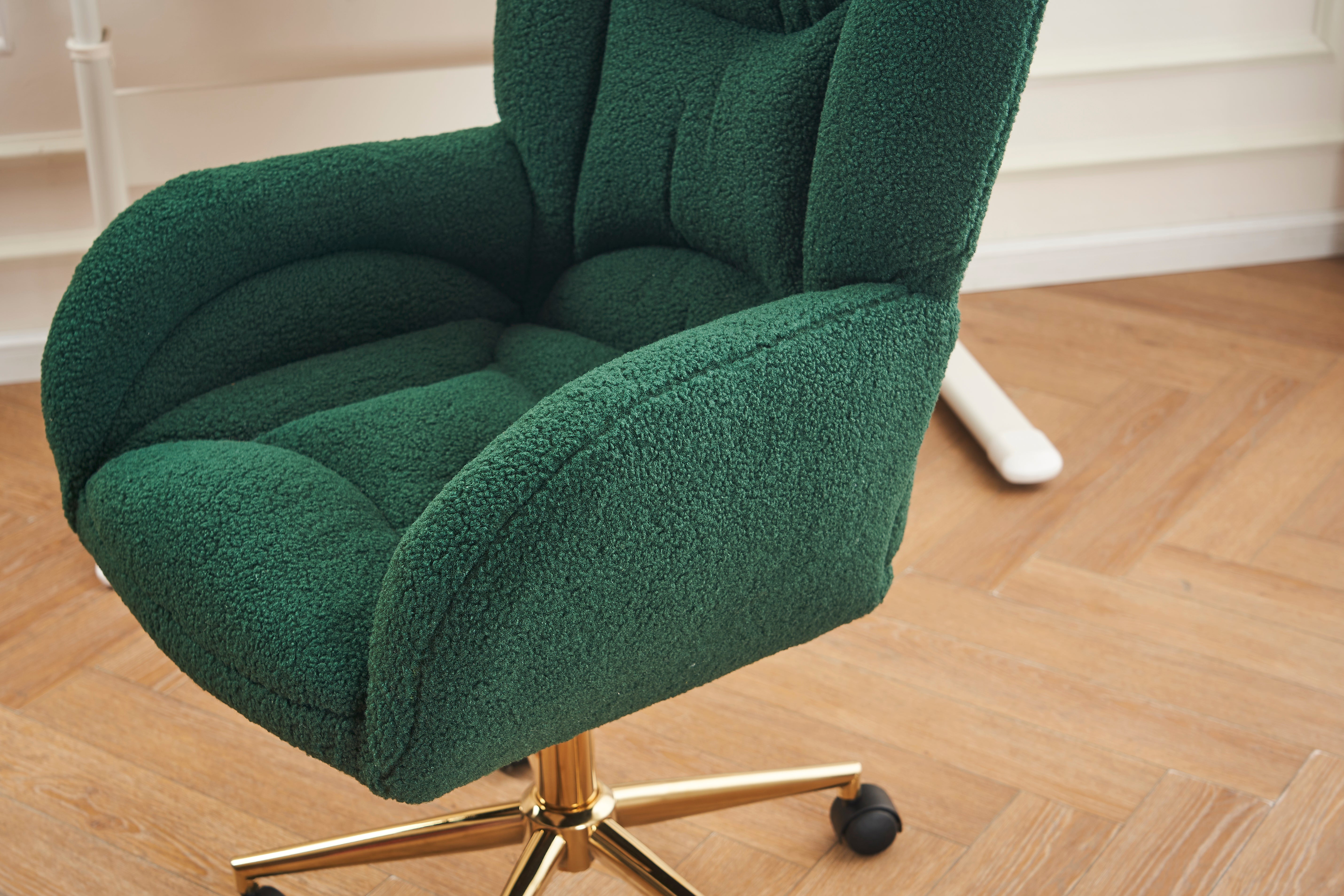 Swivel Chair Adjustable Height Gold Legs Teddy Fabric - Green
