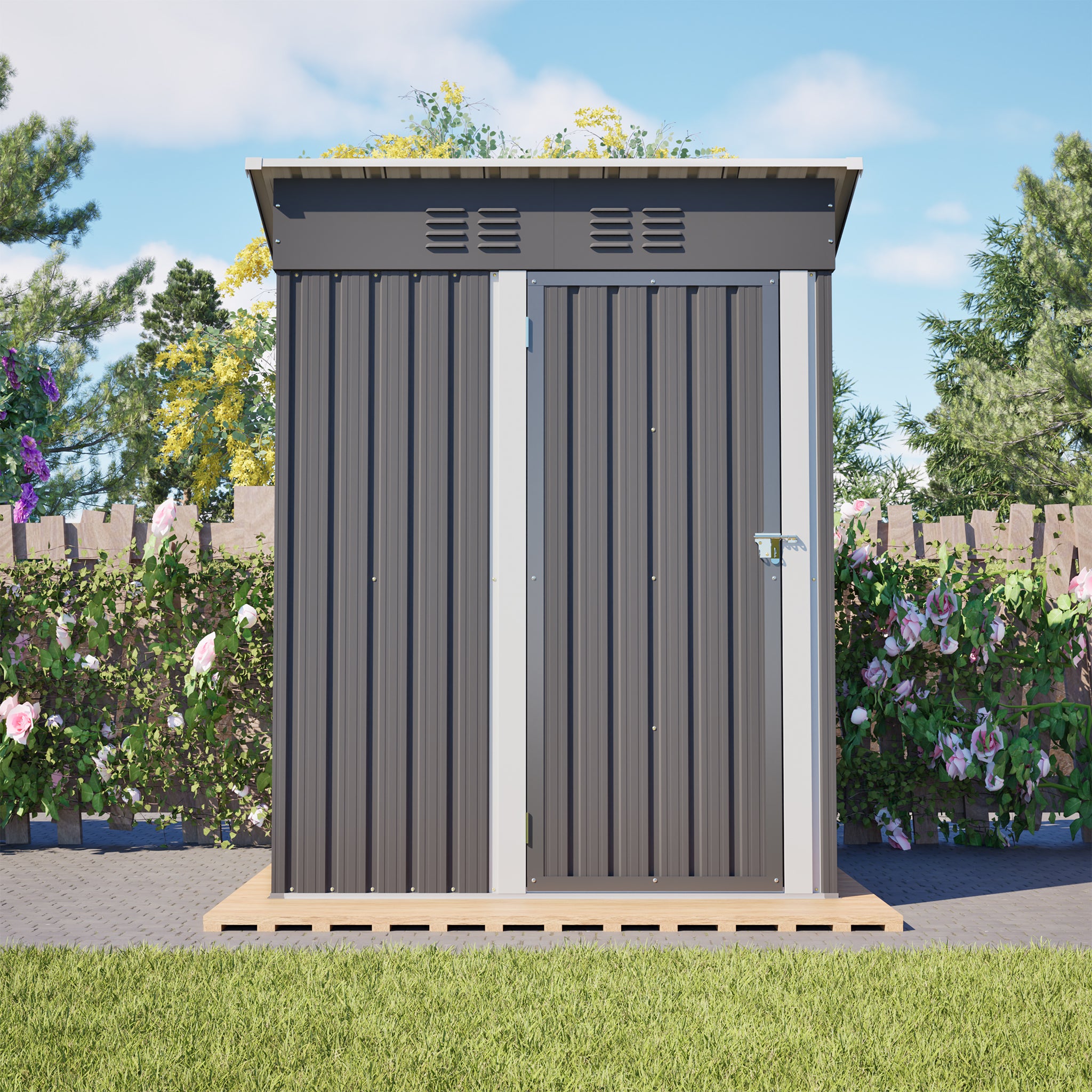 Garden Shed Flat Roof, 152x84x182 cm Tool Shed with Lockable Door, Dark Grey