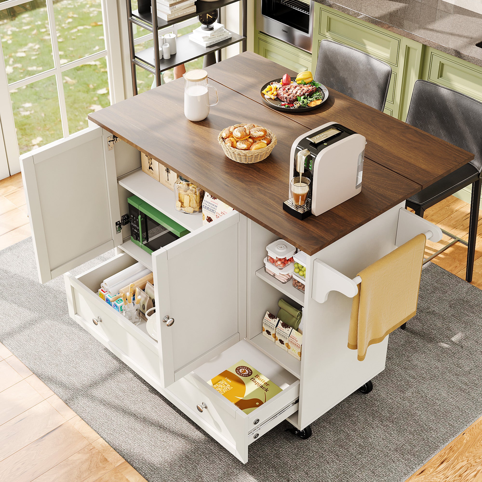 Kitchen Trolley, Removable Dining with Open Storage & Towel Rail, White Wood Grain