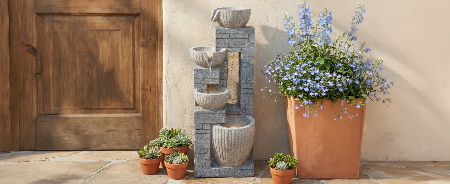 80 cm Layered Stone Basin with LED Fountain for Garden and Terrace, Stone Grey