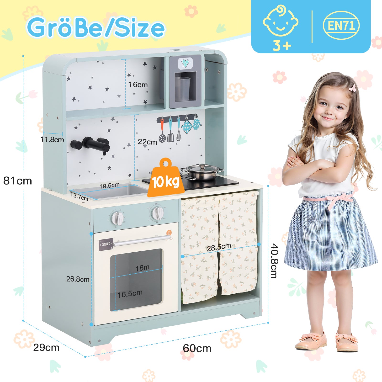 Children's Play Kitchen with Ice Maker and Microwave, Wood and Plastic, Blue