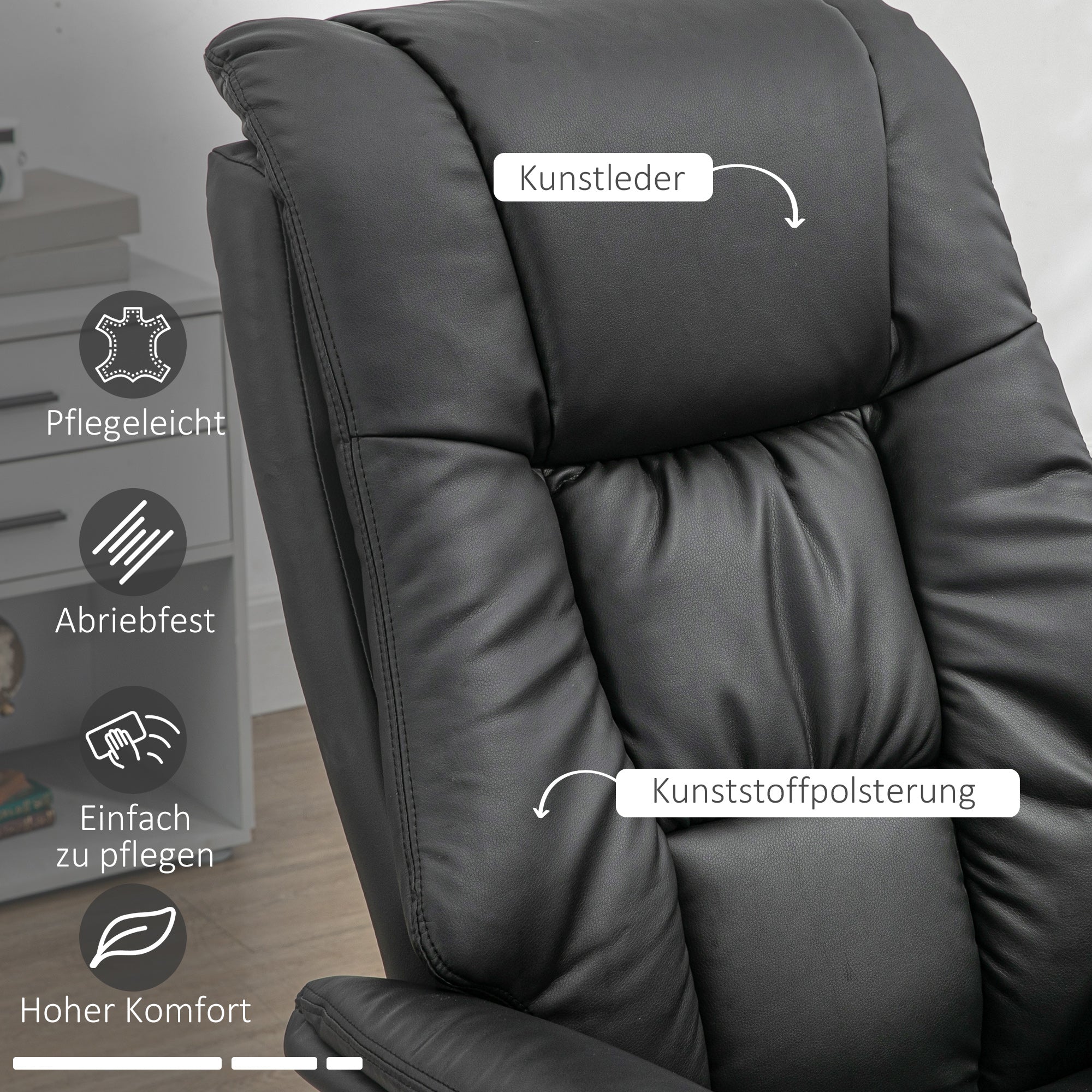 Reclining Armchair with Footstool, Electric 130° Reclining TV Function, Black Faux Leather