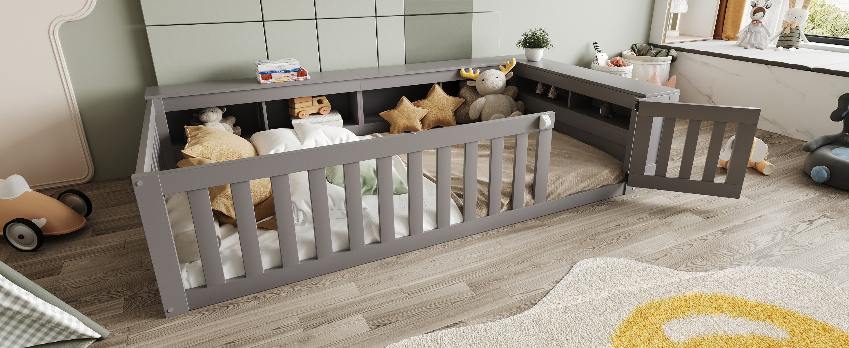 Multifunctional Children's Bed with Storage, Safety Gate & Slatted Frame, Grey