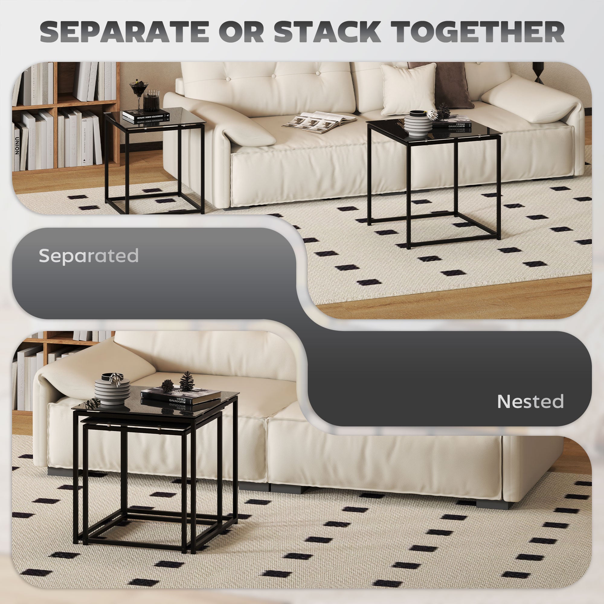 Side Table Set of 2, Coffee Table with Glass Top, Square, Black Steel