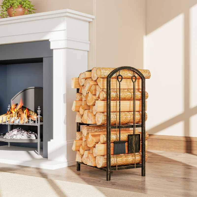 Indoor Firewood Rack, 2-Tier with 4 Fireplace Tools and Hooks, Metal