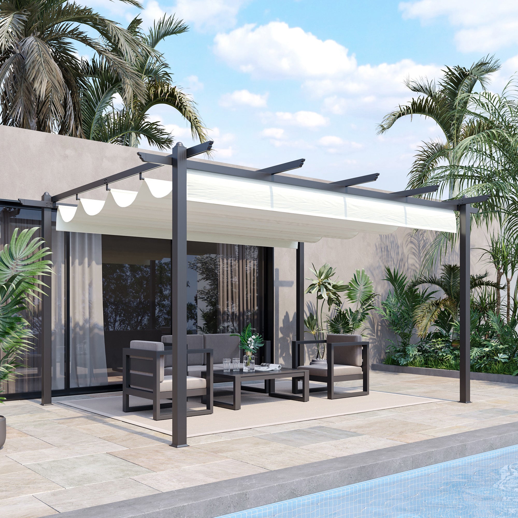 Pergola with Retractable Roof, 4 x 3m, Aluminium, Cream White