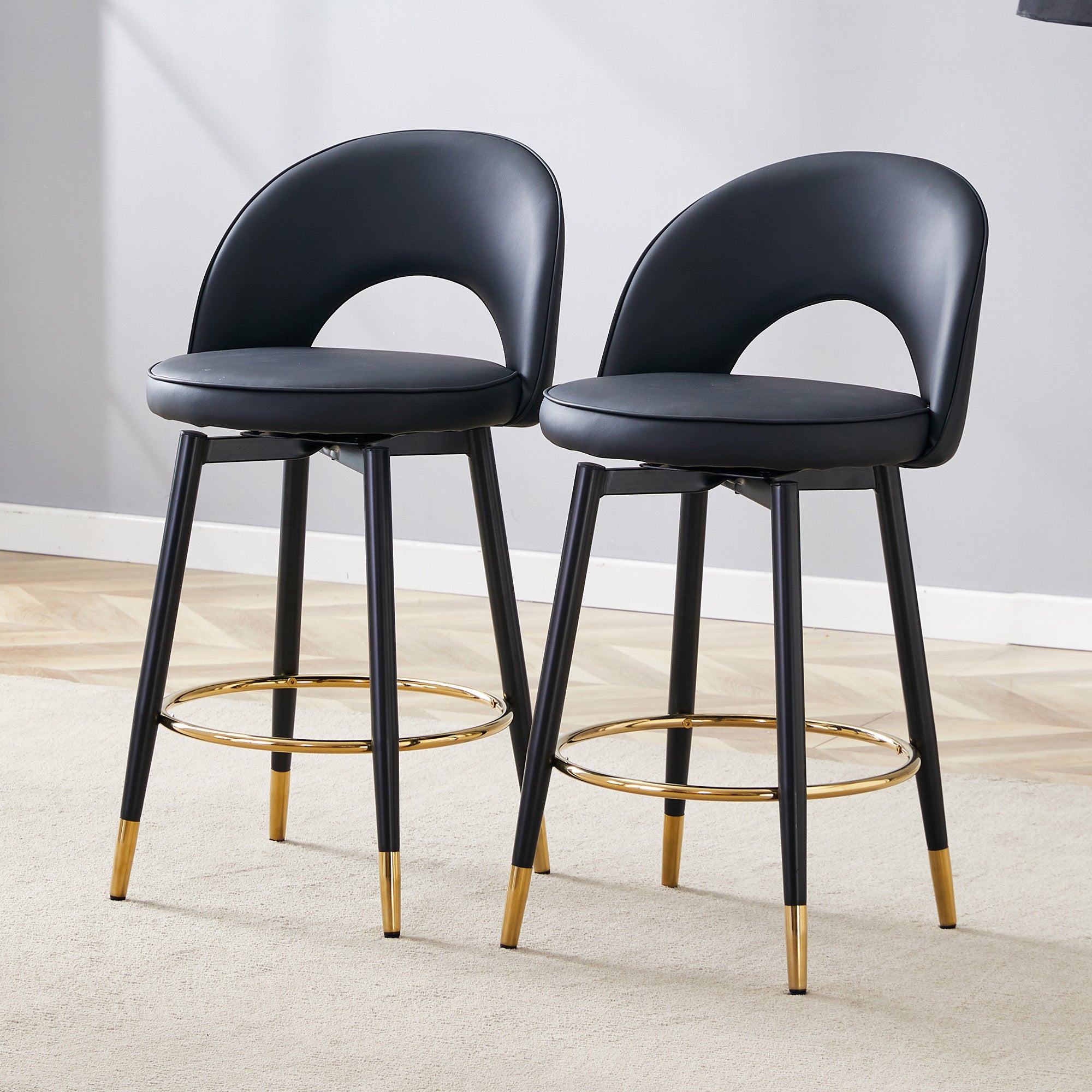 360° Swivel Bar Stool, Padded Seat with Openwork Backrest, Set of 2, Black PU Leather and Metal