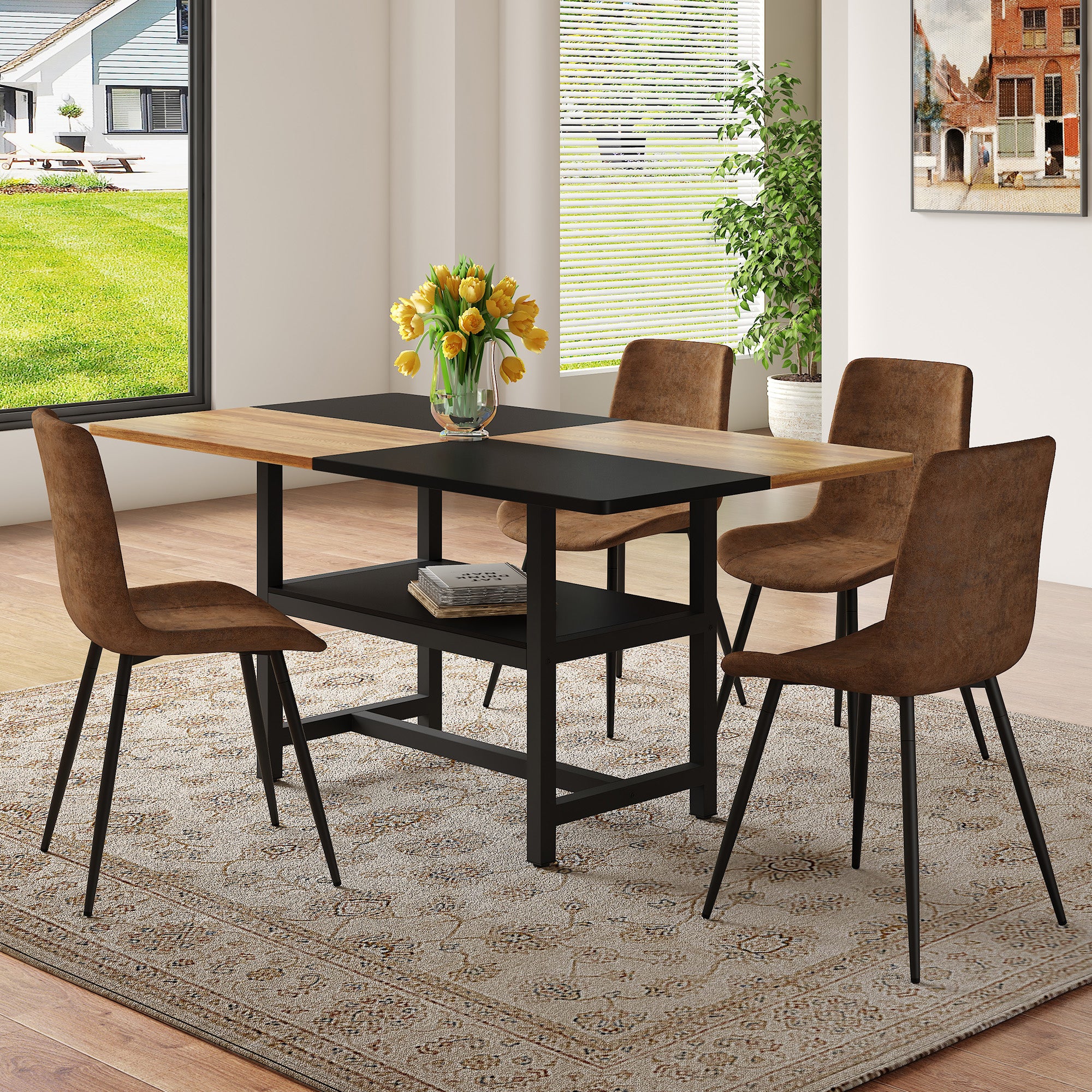 Dining Table Set, 160 cm Rectangular with Storage & 4 Chairs, Brown Tech-Fabric