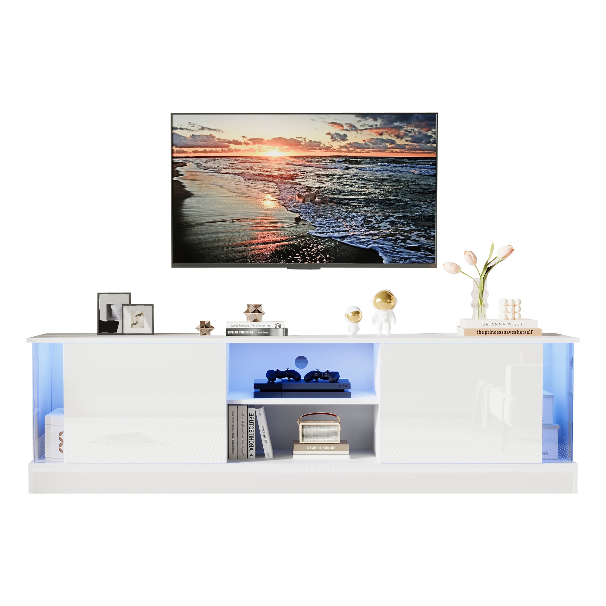 TV Cabinet with LED Storage, Floor-Standing, 70-inch TV Compatible, High-Gloss White