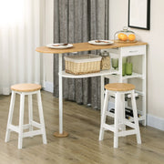 3 Piece Bar Table Set with Stools and Storage Shelf, Natural and White
