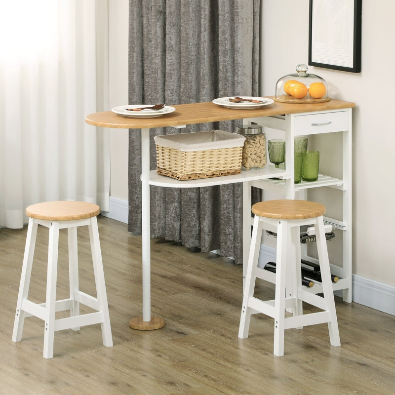 3 Piece Bar Table Set with Stools and Storage Shelf, Natural and White