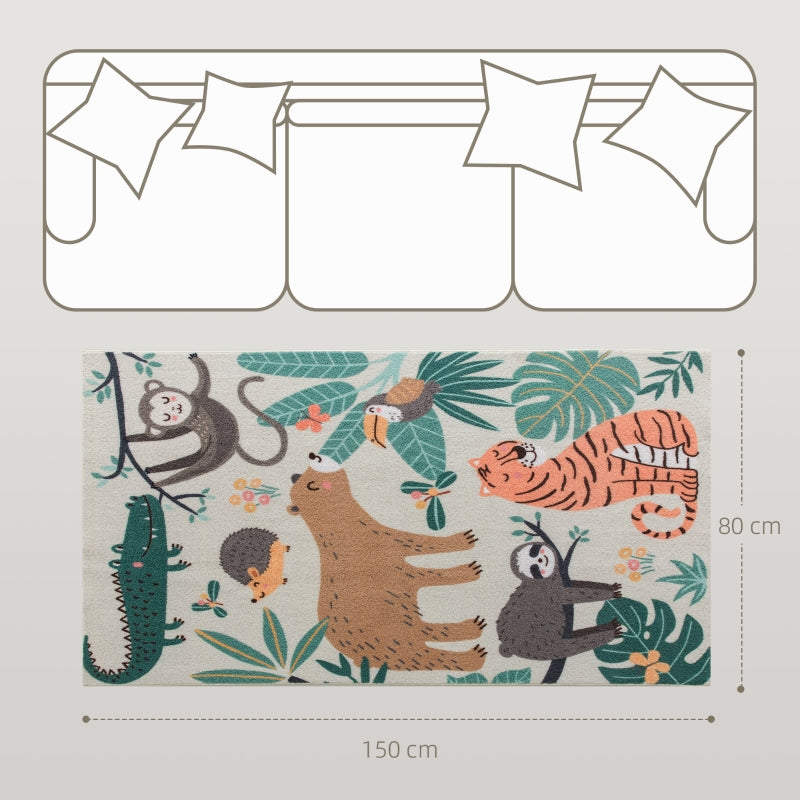 Fleece Rug, Jungle Pattern, Easy-Care, Cream White + Multi-Coloured