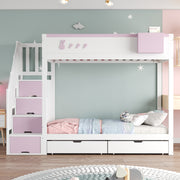 Children's Bunk Bed 90x200cm Rabbit & Carrot Motif Storage Ladder Drawers, White & Pink
