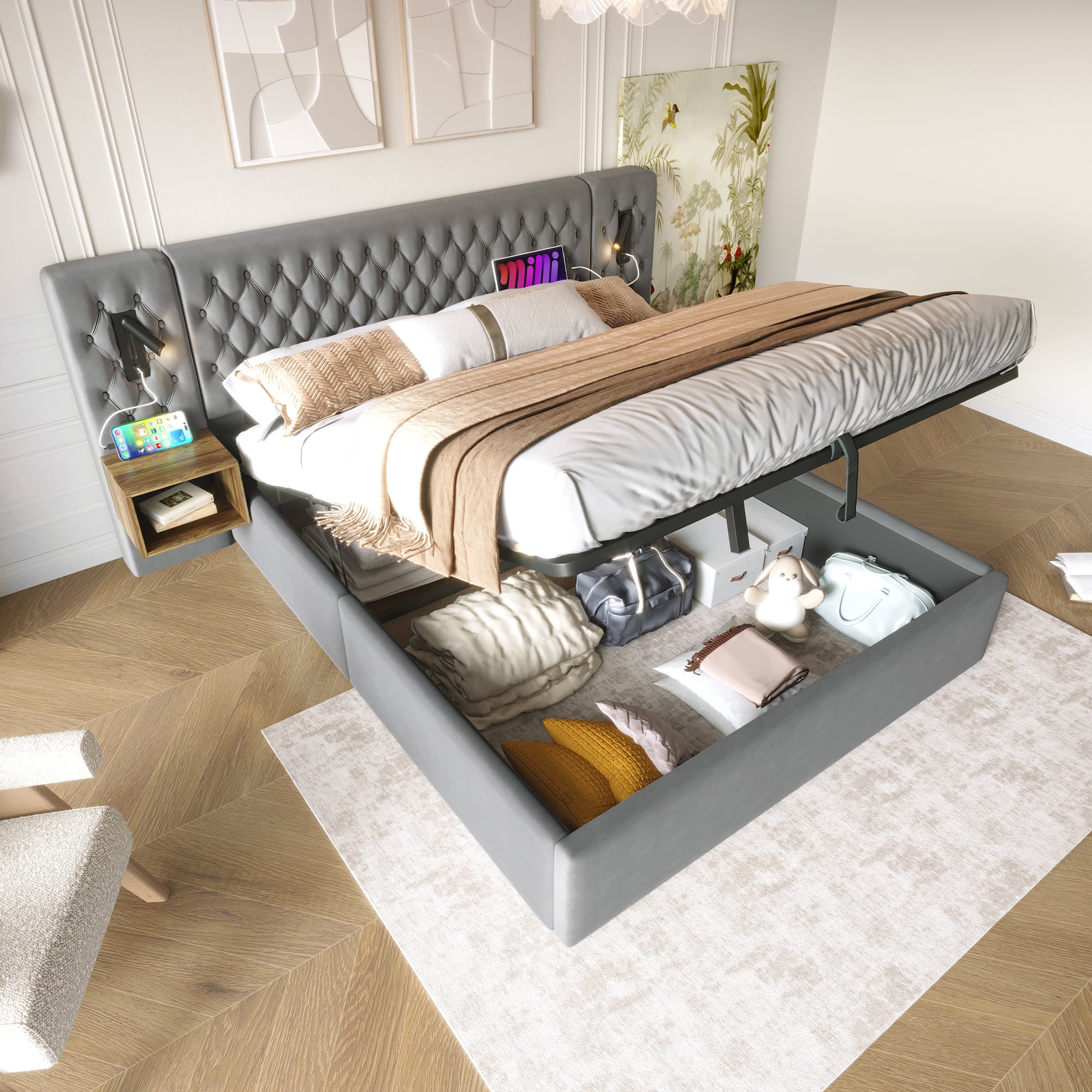 Bedroom Set, Upholstered Hydraulic Storage Double Bed 160x200cm with 2 Bedside Tables, Headboard Reading Light & USB, Gray Velvet