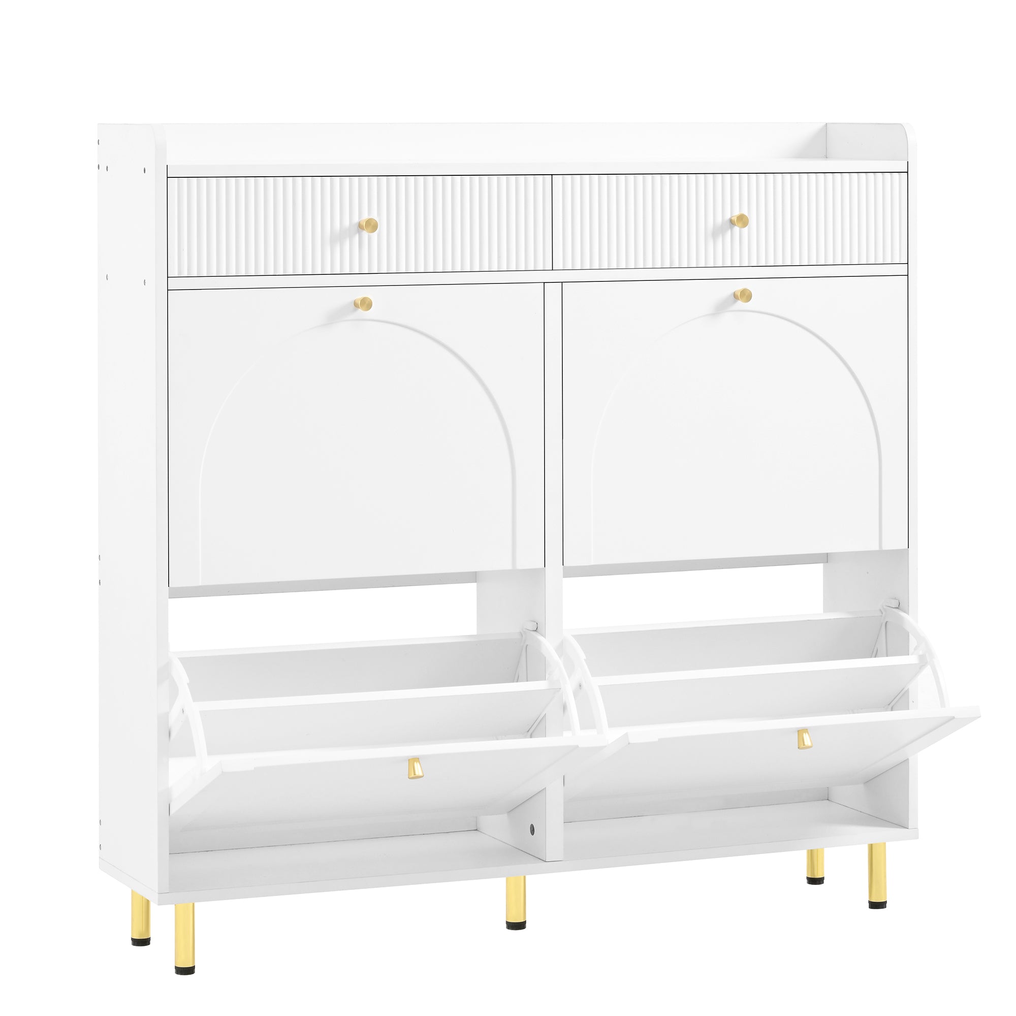 Shoe Cabinet Narrow 4 Hinged Doors 2 Drawers Metal Handles White