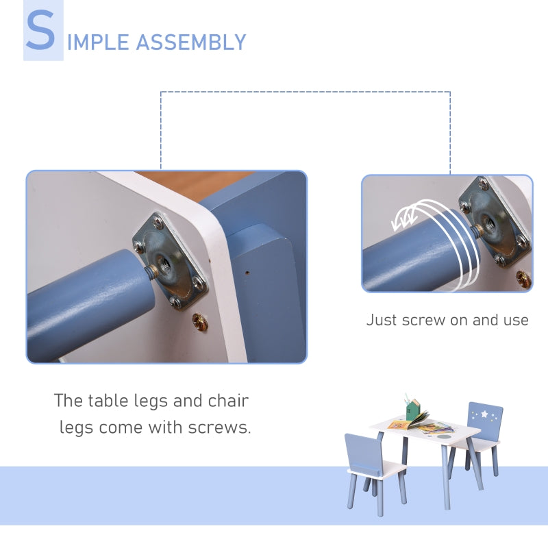 3 Pcs Kids Table & Chairs Set, Wood Legs Safe Corners Cute Stars Seating, Blue