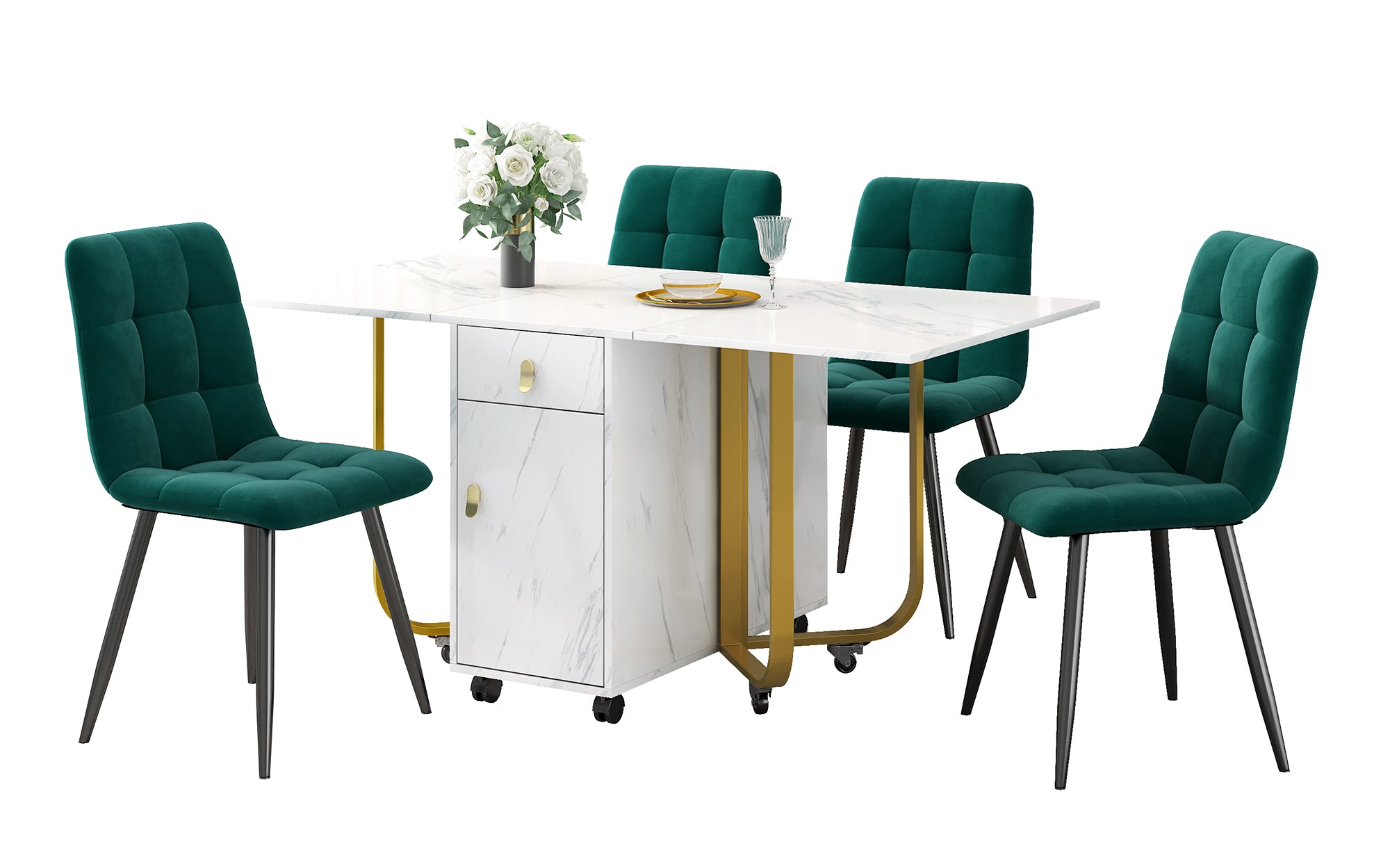 Dining Set, Folding 150cm Table & 4 Velvet Chairs, White MDF/Black Legs