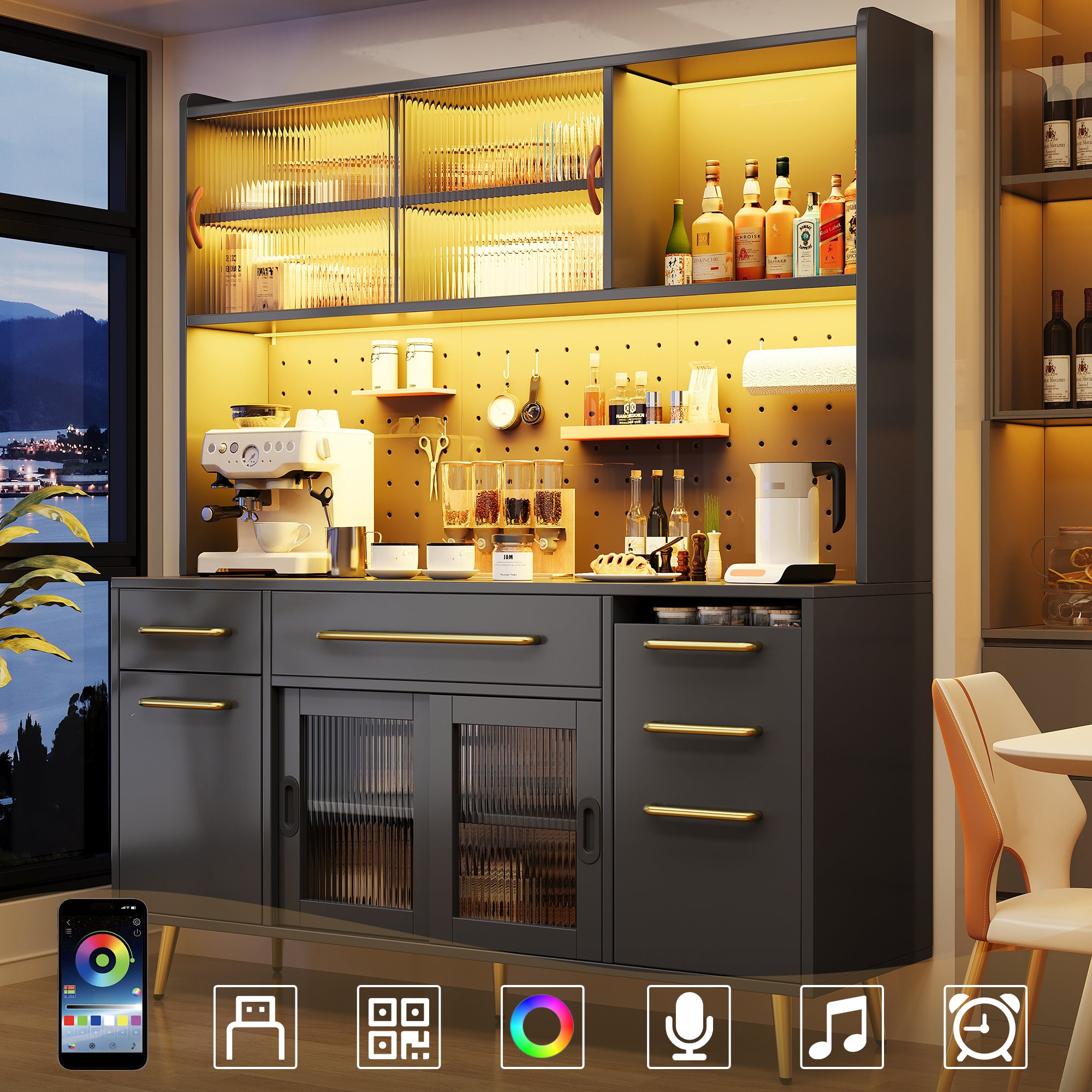 Modern Sideboard Tall Storage Cabinet with LED Lighting and Pegboard, Black