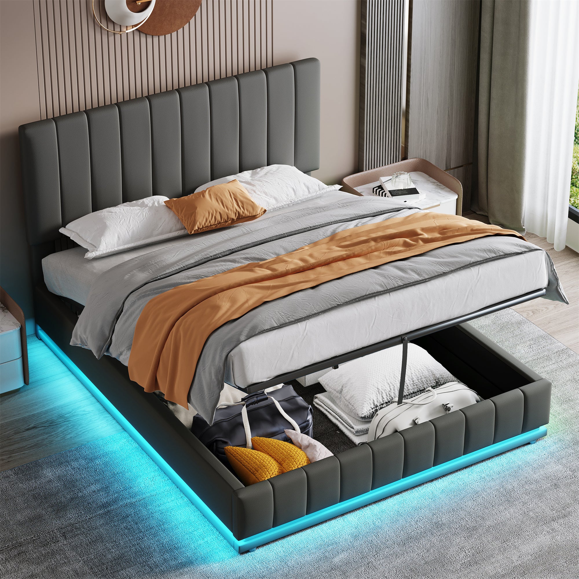 Ottoman King Bed with LED Lighting, Hydraulic Storage, and Adjustable Channel Tufted Headboard, Grey PU Leather