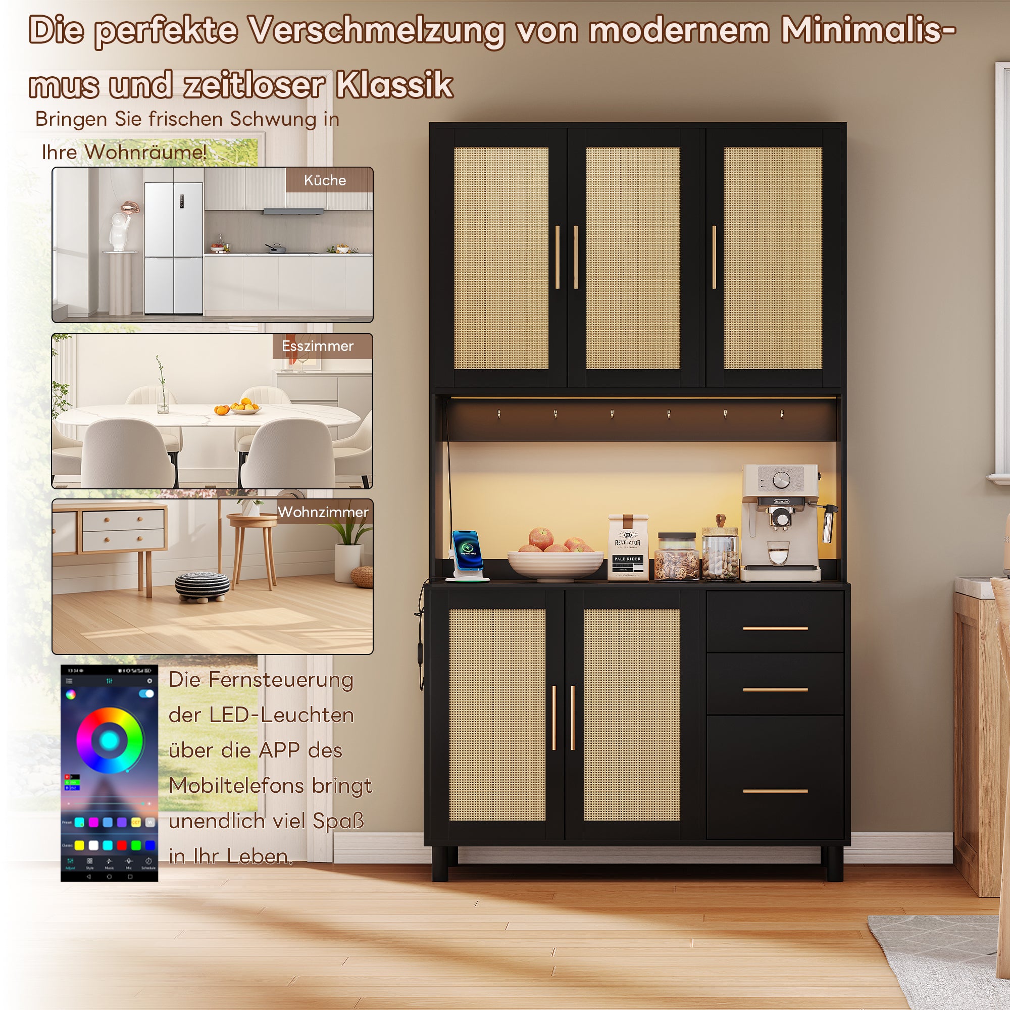 Kitchen Sideboard Buffet 183cm with App LED Lights Power Outlets Shelves & 3 Drawers - Gold Handles