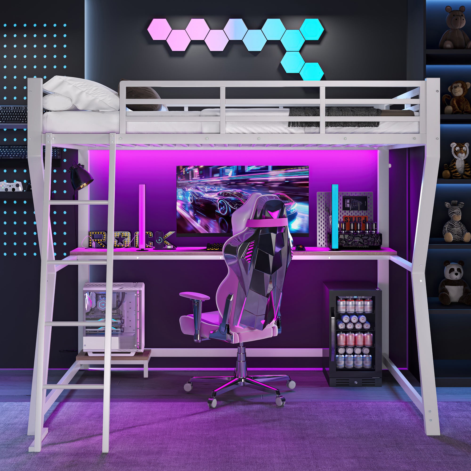 Loft Bed 90x200cm Desk LED USB Port Stairs - White