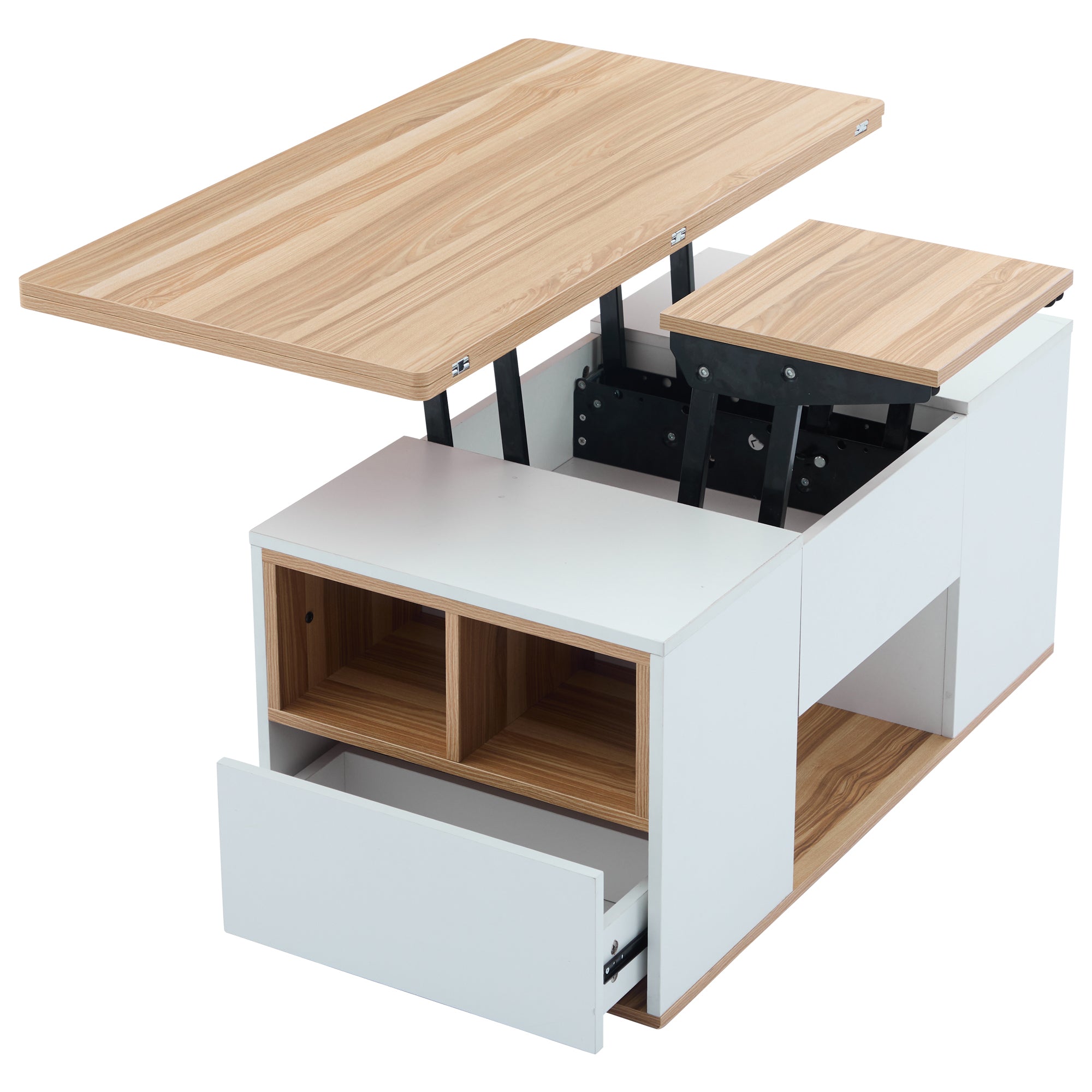 Coffee Table, Liftable Multifunctional with 2 Tables, White Wood