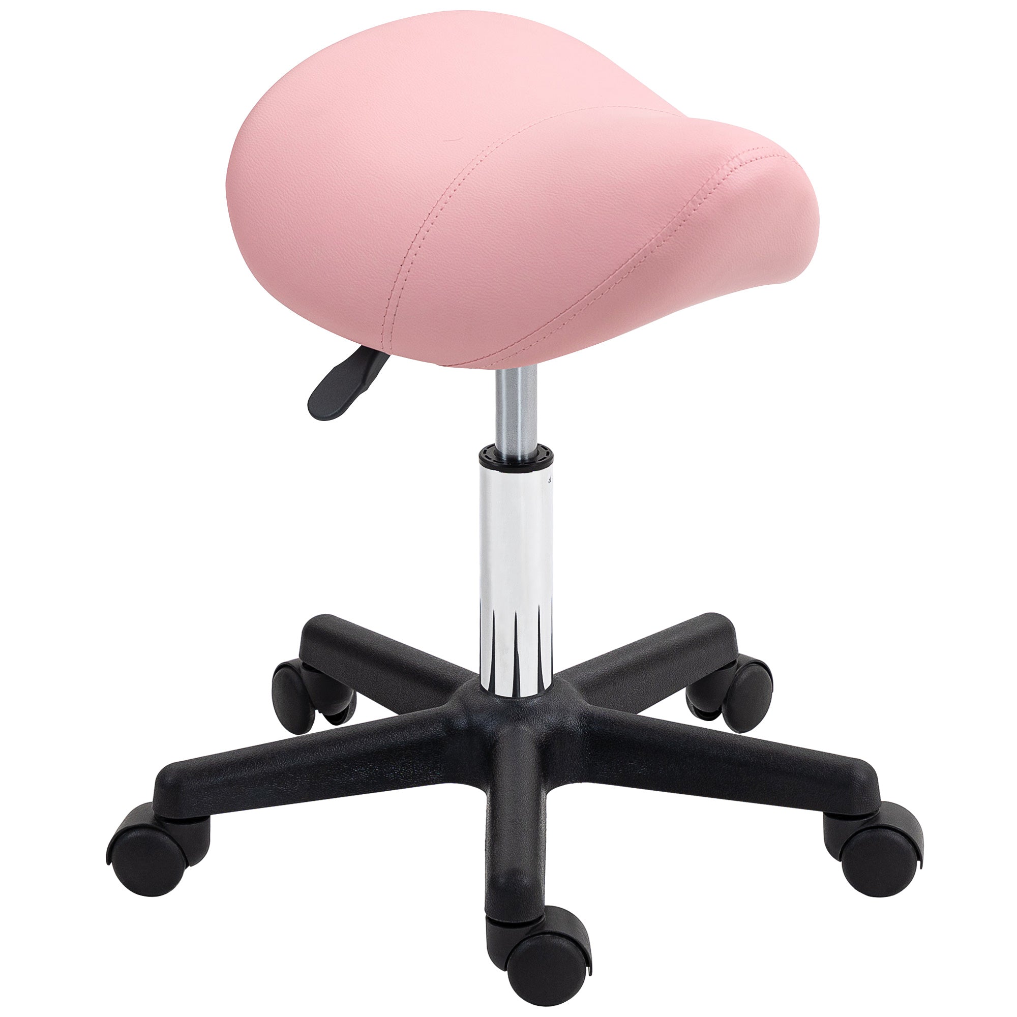 Saddle Stool, Adjustable Rolling Salon Chair, Pink PU Leather