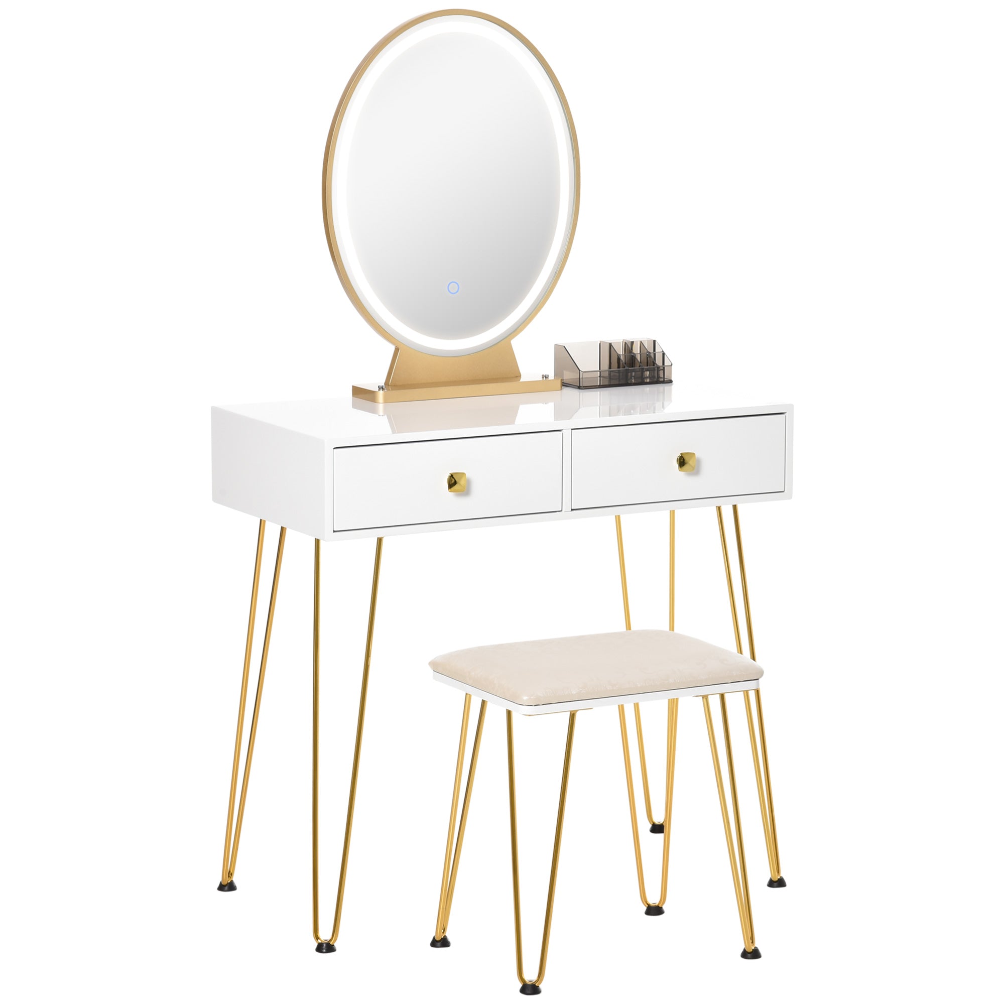 Dressing Table Set with LED Light, Round Mirror, 2 Drawers, Cushioned Stool, White