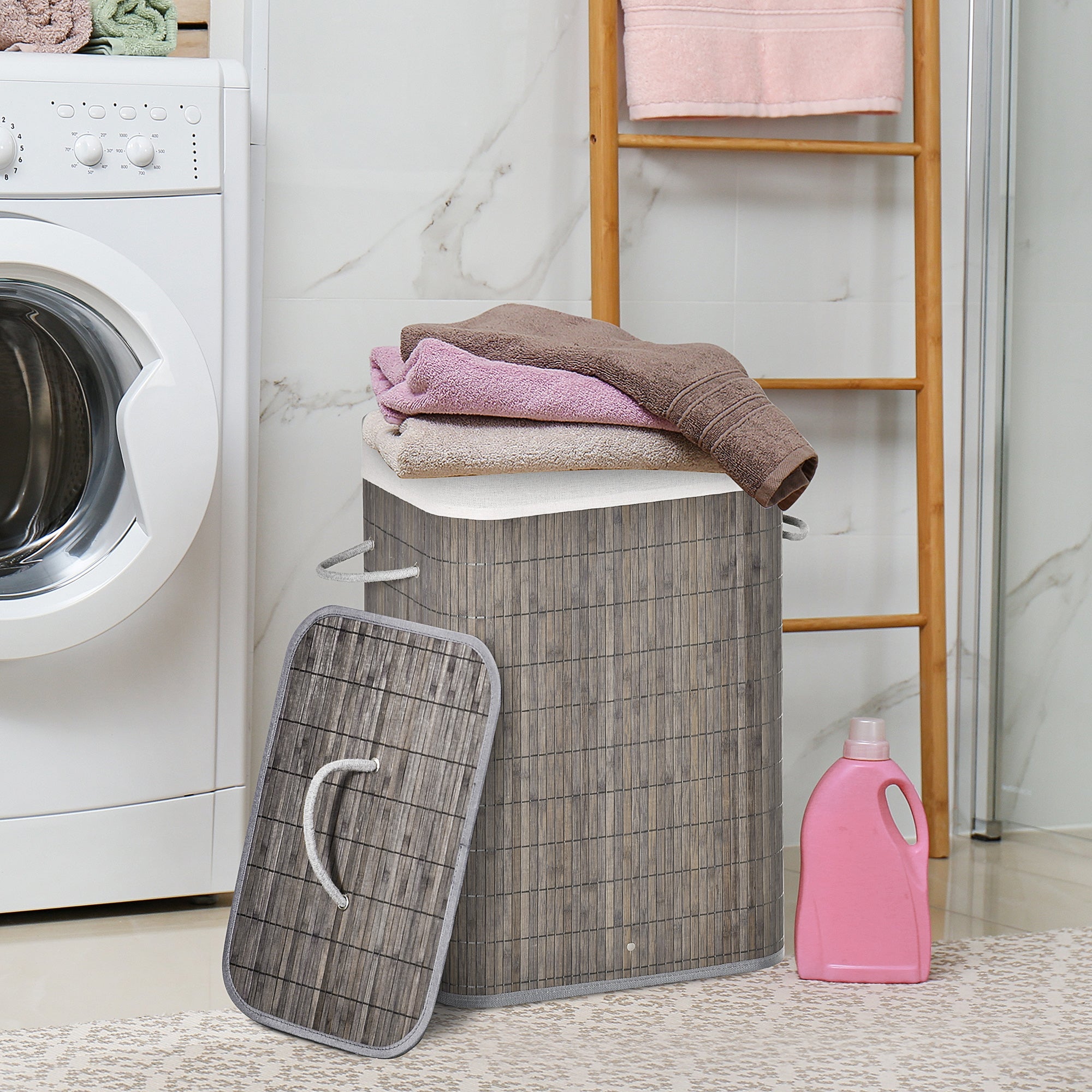 Bamboo Laundry Basket 83L with Lid, Handles, Removable Bag, Gray