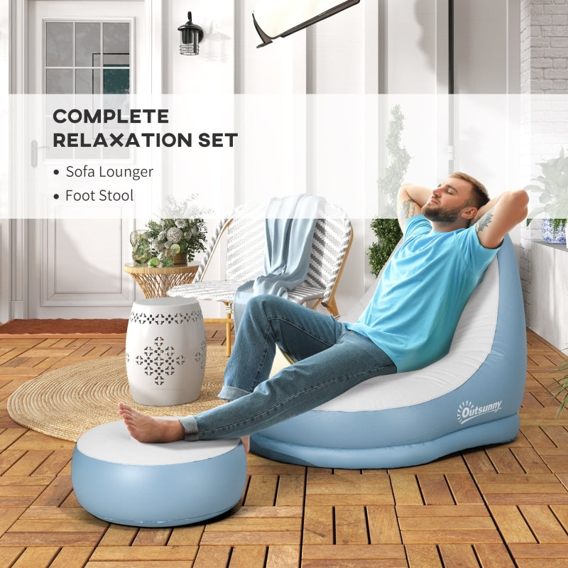 Inflatable Tub Chair and Footstool, Two-Piece Set, Blue/White