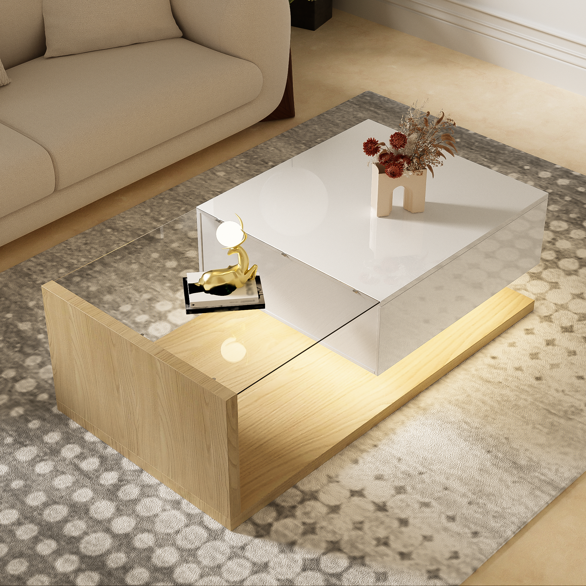 Coffee Table, High-Gloss White & Wood with Glass and LED Effect
