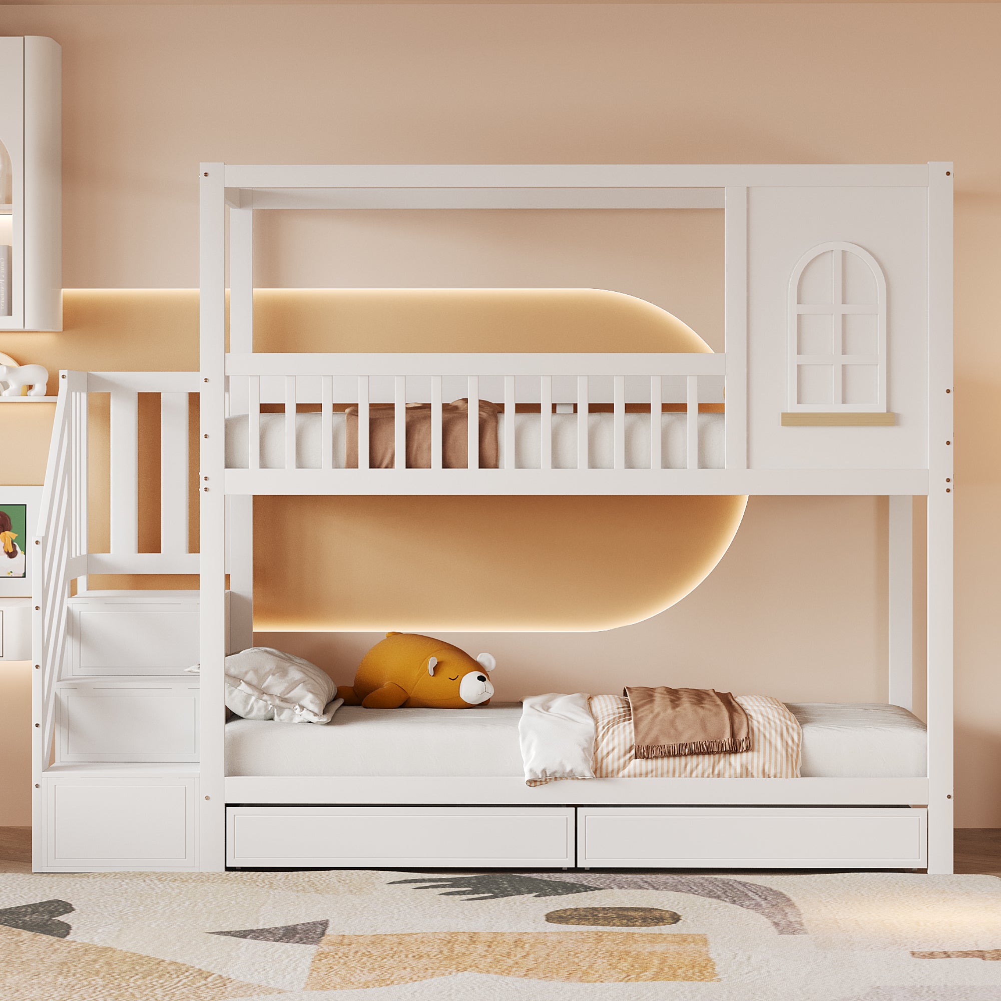 Bunk Bed Solid Wood 90x200cm House Shape with Drawers and Ladder, White