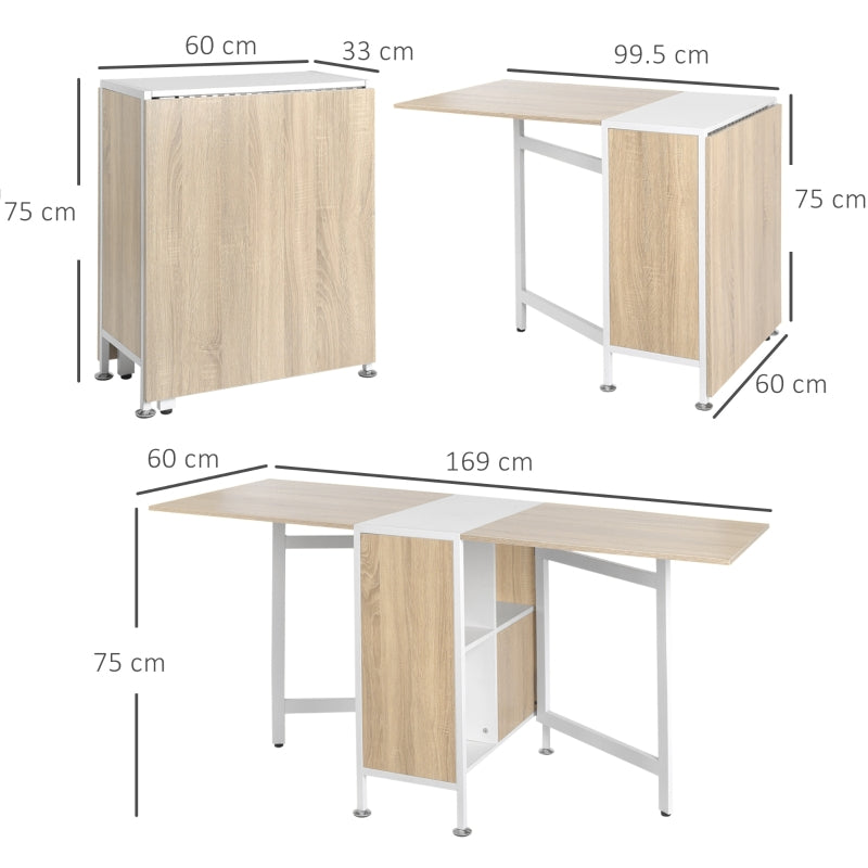 Foldable Drop Leaf Dining Table with Storage Shelves Cubes, Oak & White