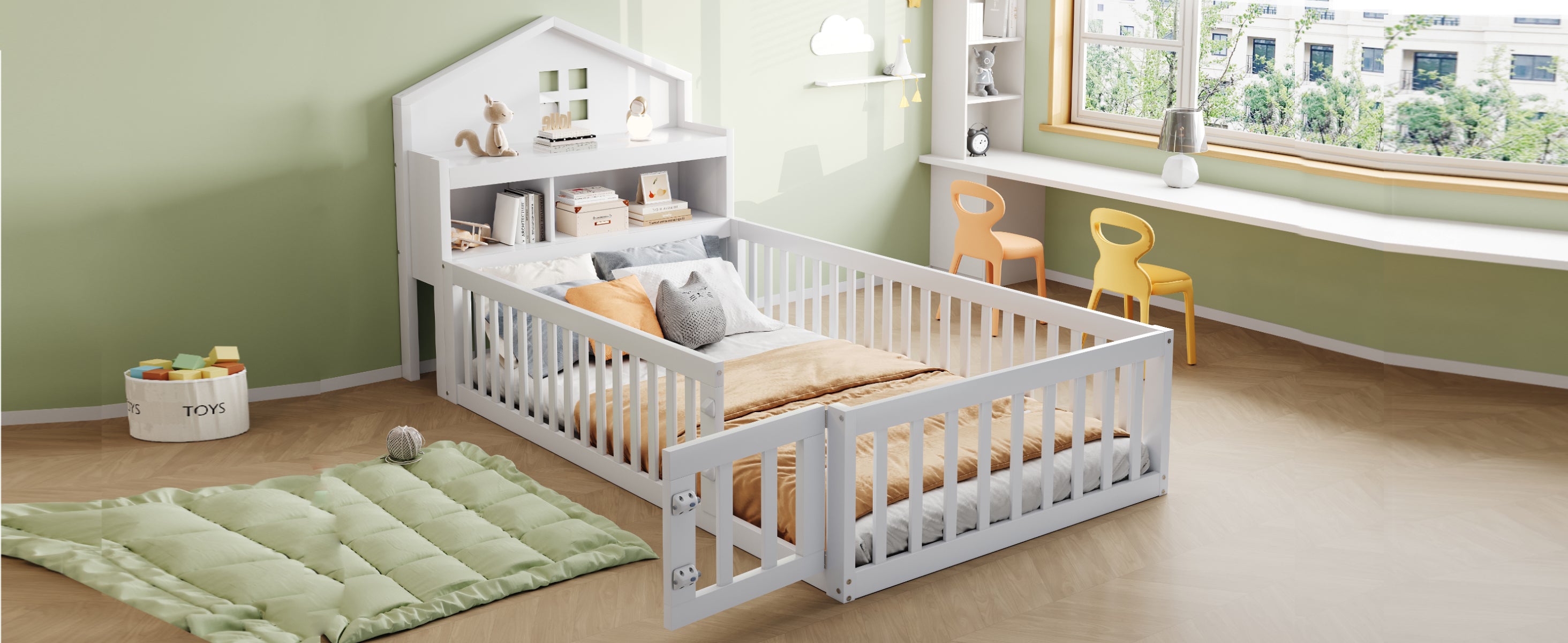 Children's Bed 90x200, Solid Wood Frame with Shelves, Storage, Safety Gate & Door, White