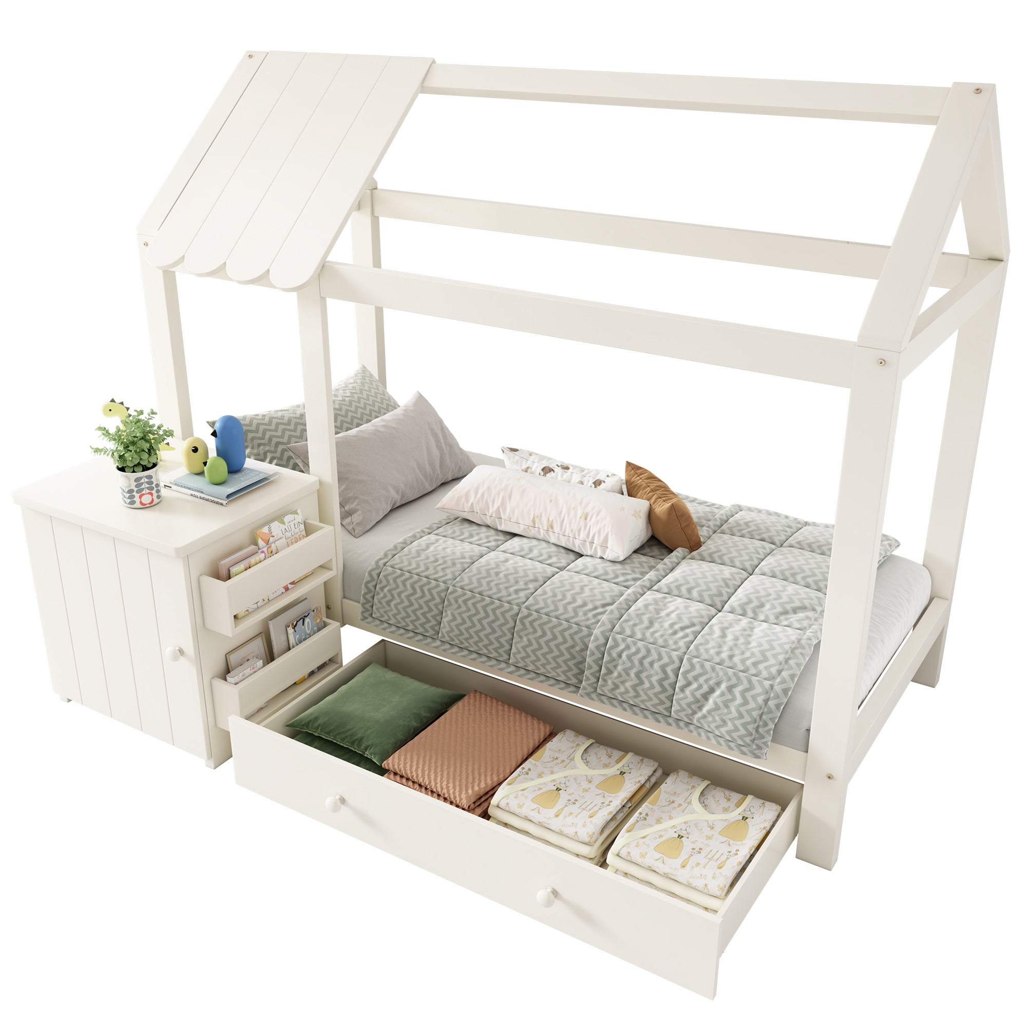 House Bed Children's Bed 90x200 cm, Solid Wood with Drawers & Removable Bedside Table, White
