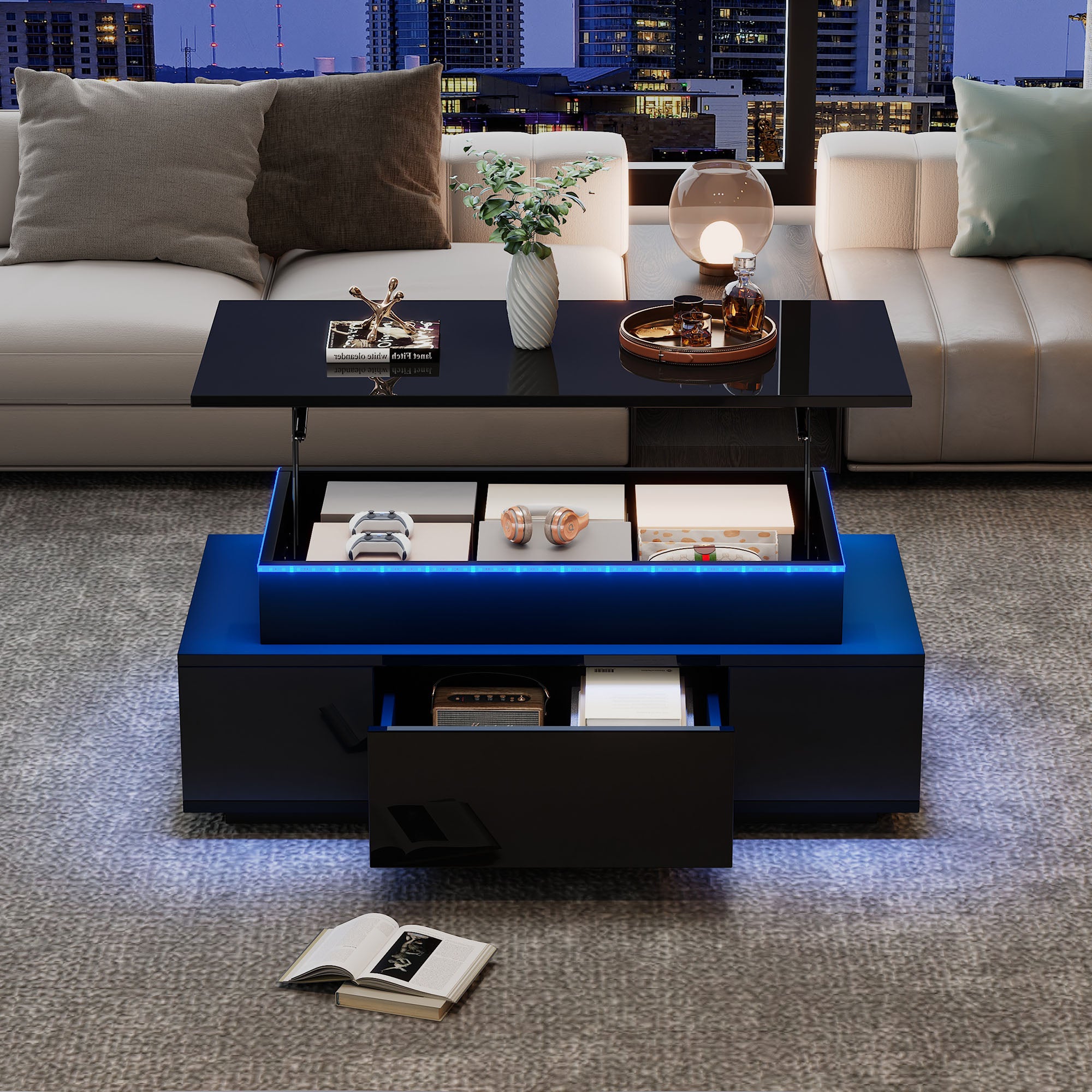 Coffee Table Height-Adjustable Hidden Storage Drawer LED High-Gloss Black