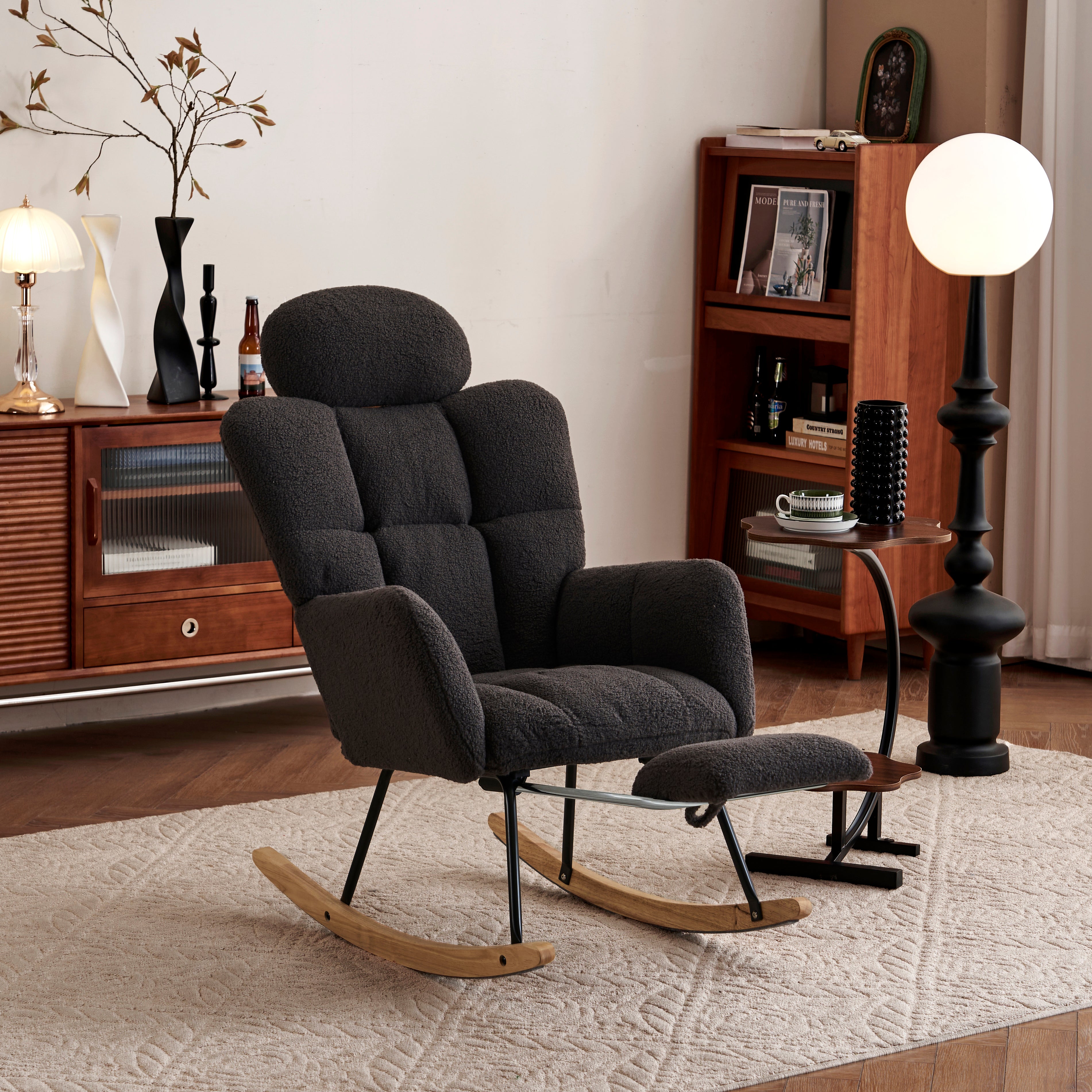 Teddy Rocking Chair Tufted Upholstered Padded Seat Headrest Foldable Footrest, Dark Grey