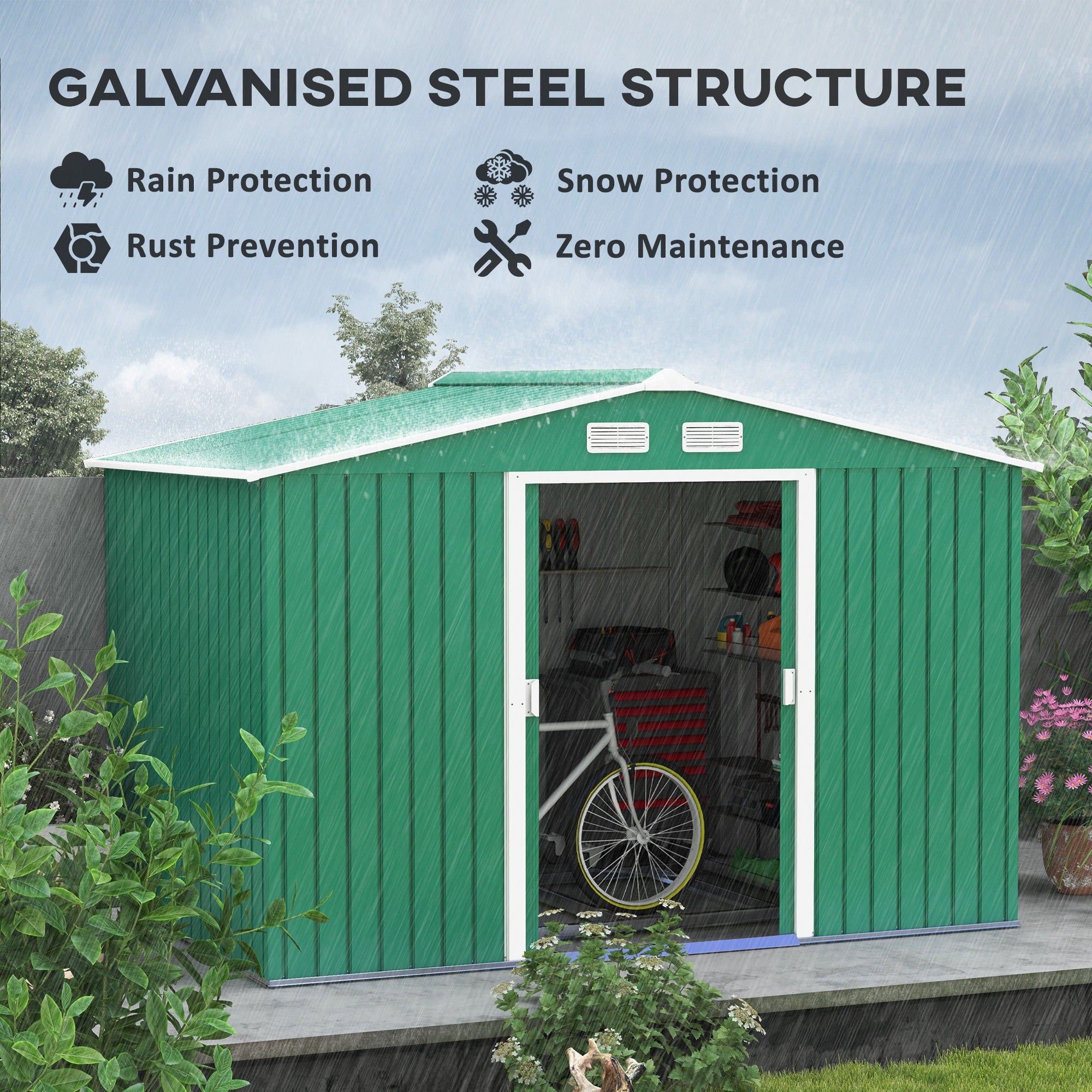 9 x 6ft Metal Garden Shed, Outdoor Storage Tool House with Ventilation, Foundation Kit & Lockable Double Doors, Green