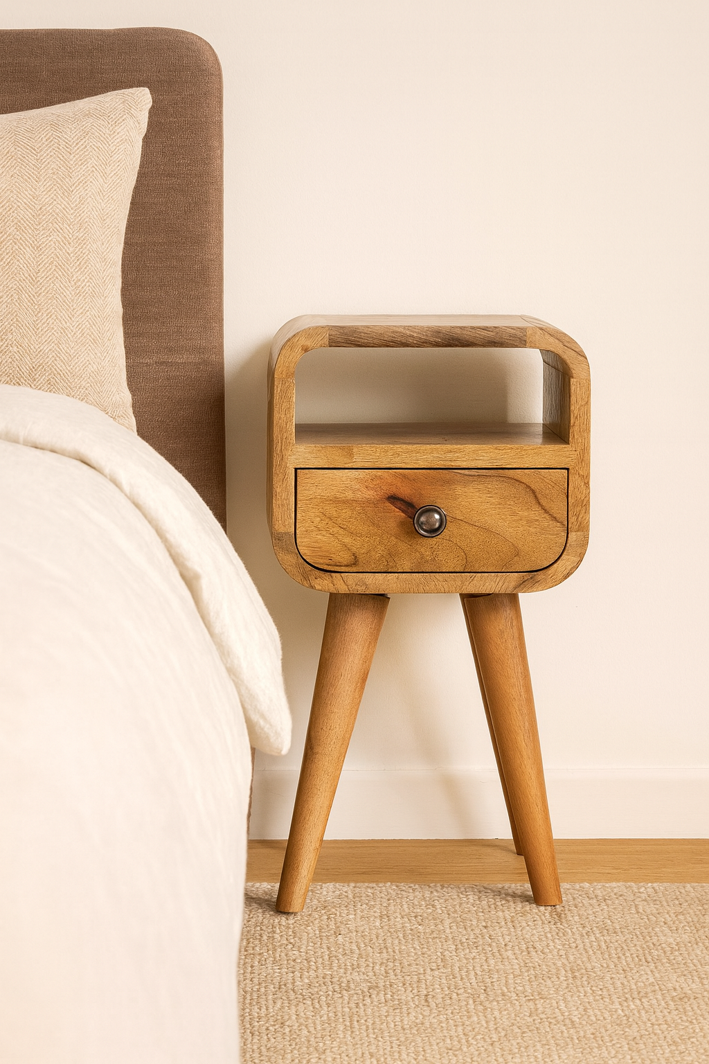 Solid Wood Bedside, Extra Mini Curved 1 Drawer Open Slot, Oak-ish Brown