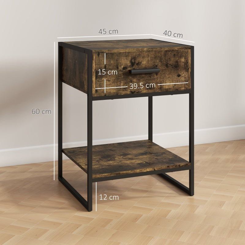 Modern Bedside Table with Drawer and Shelf Rustic Brown